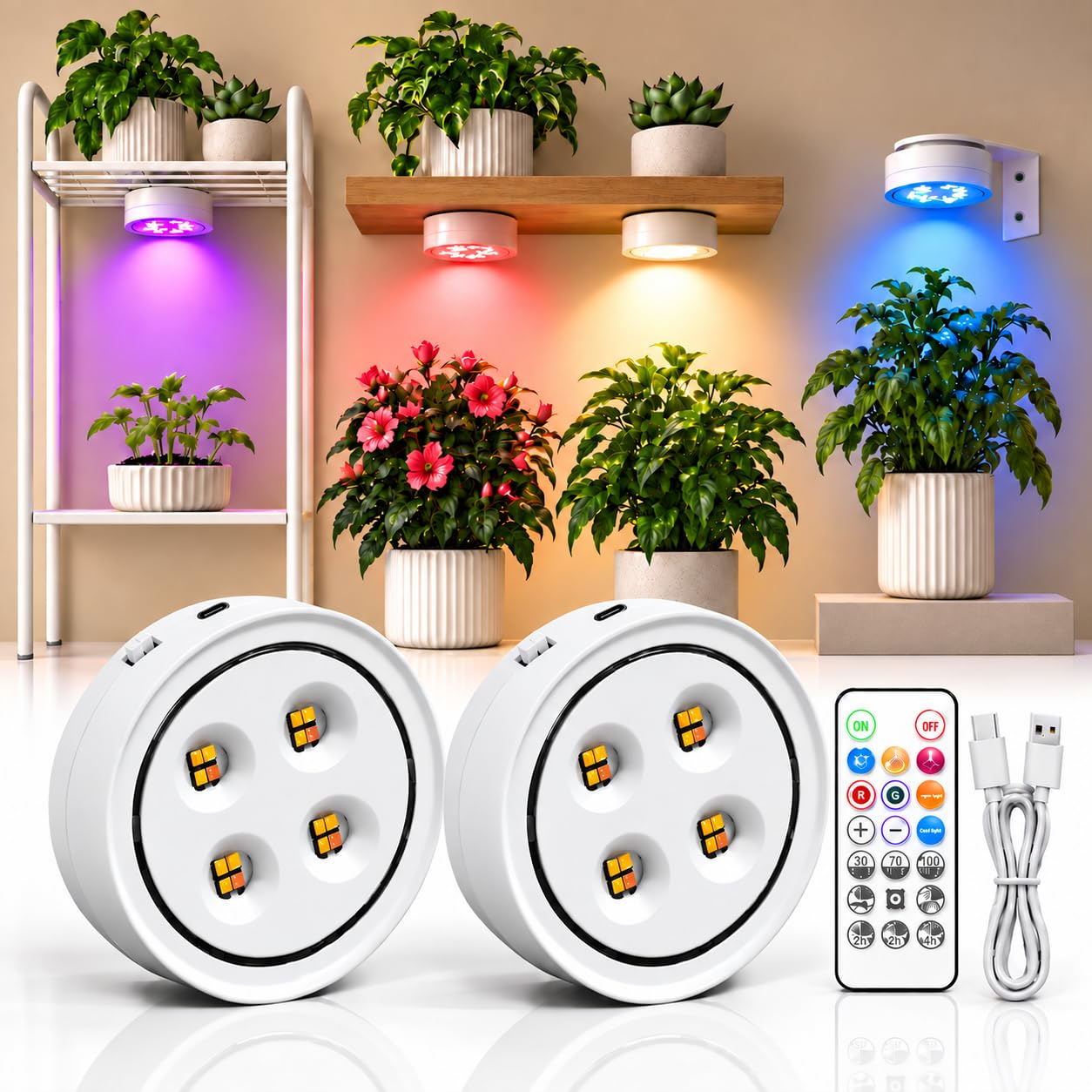 Cordless Rechargeable Grow Light for Indoor Plants, 2 Pack