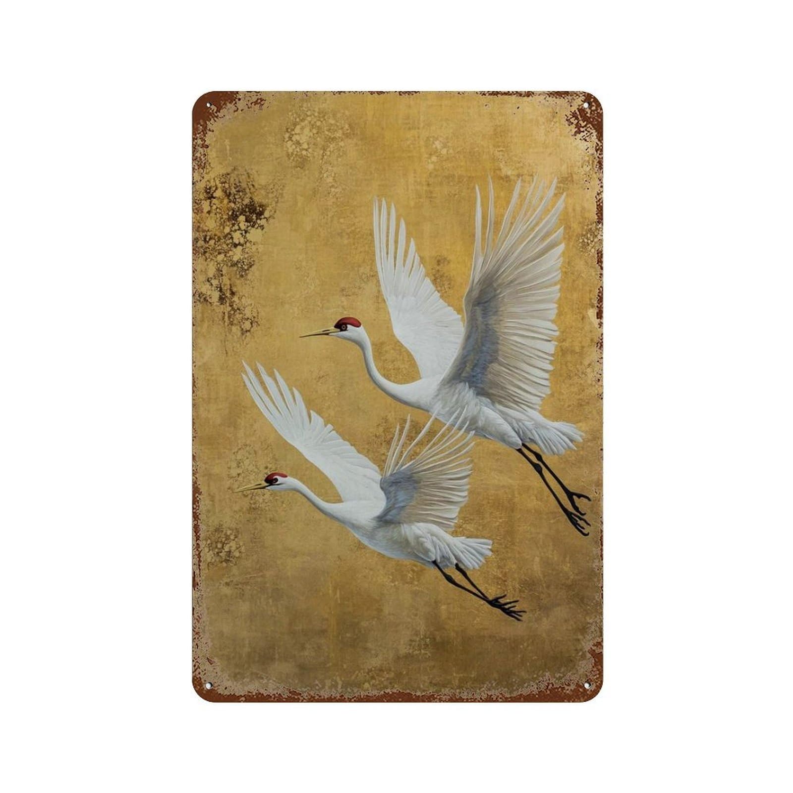 xiaoxiaoshen Crane Birds – Flying Cranes in Gold And White Asian Elegant Bird Japanese Nature Wall Decor Art Metal Tin Poster Modern Home Decor Art Home Bar Shop Decorations Vintage Sign 30x20cm