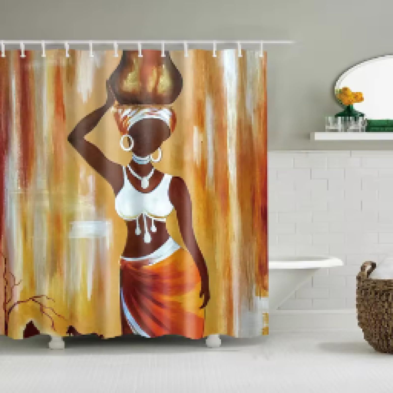 Rideau de douche en polyester imperméable avec crochets pour fille afro-américaine Noir 200 x 240 cm