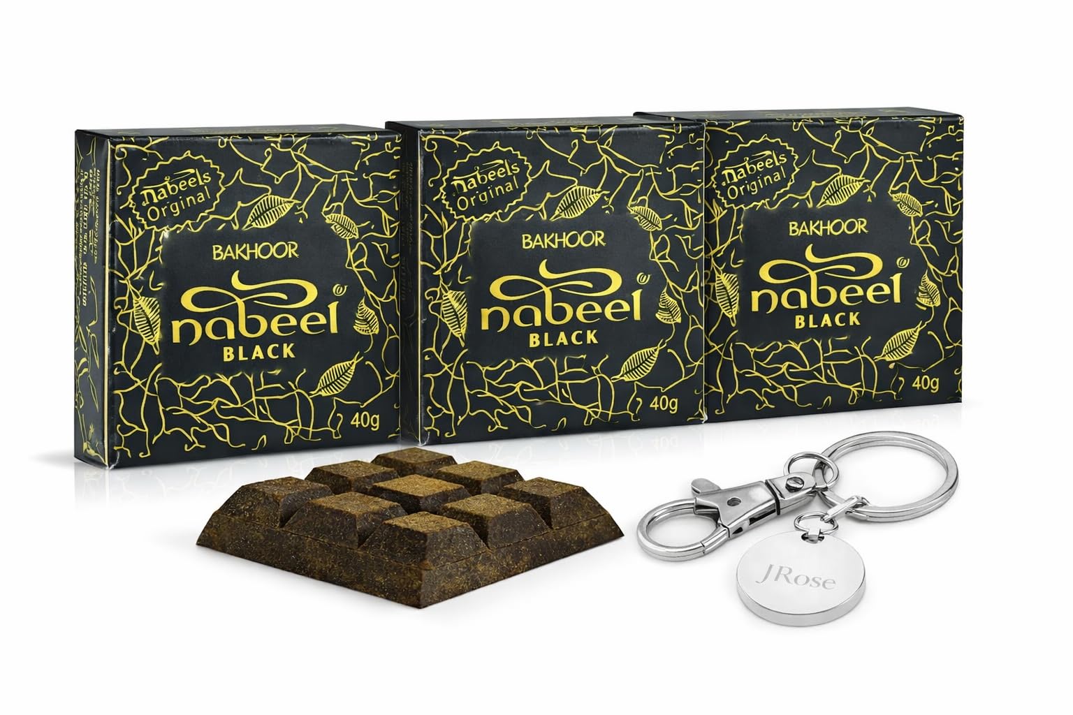 Jrose Collections Brown Nabeel Oudh Bakhoor Black Incense Bricks – 3 Boxes X 9 Pieces Each – Floral-Woody-Musky Long Lasting Scent With Jrose Trolley Keychain – Home & Gift Set