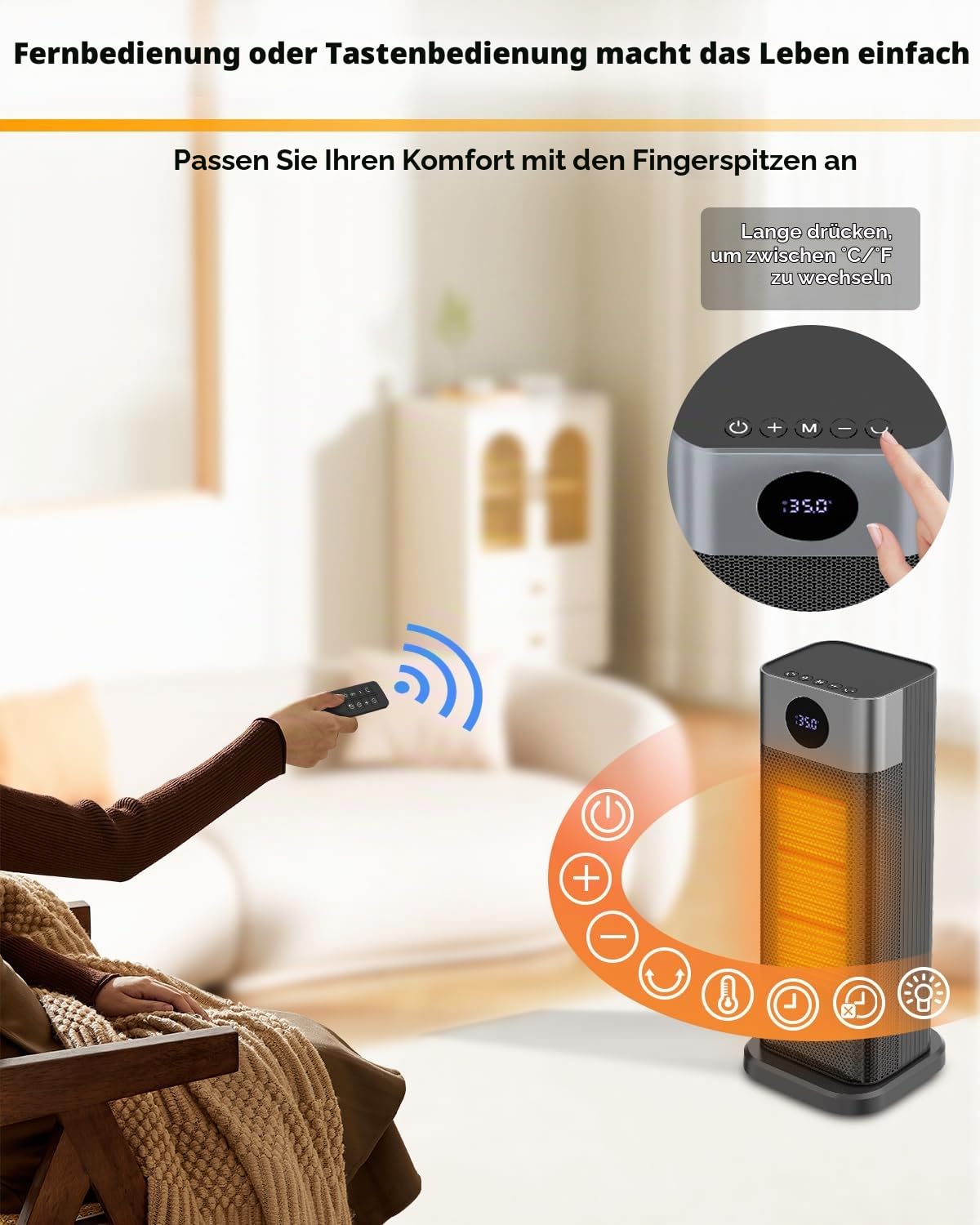 Sendowtek Heizlüfter mit Thermostat und Fernbedienung, Tragbare, 2000W | 3 Temp, Überhitzungs Kippschutz, 70° Oszillation,12H Timer, ECO-Modus, Aufheizen, Heizung Elektrisch für Büro, Schlafzimmer.