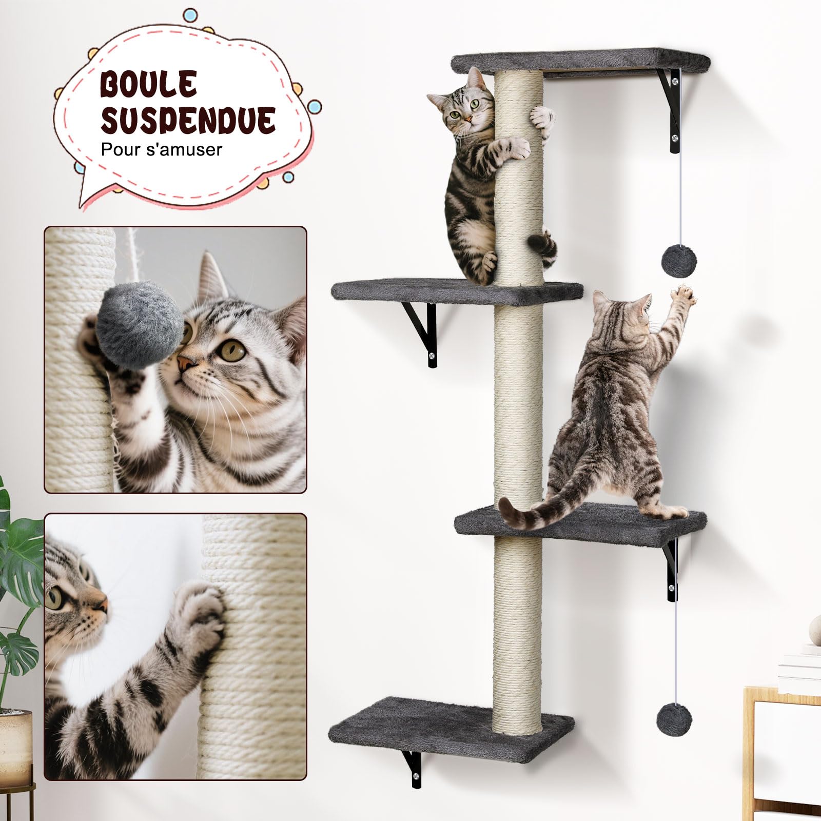 Set 5 Mensole Da Parete Per Gatti Con Tiragraffi E Casetta - Scaletta In Sisal, Posatoi E Mobili Salvaspazio - Foto 13