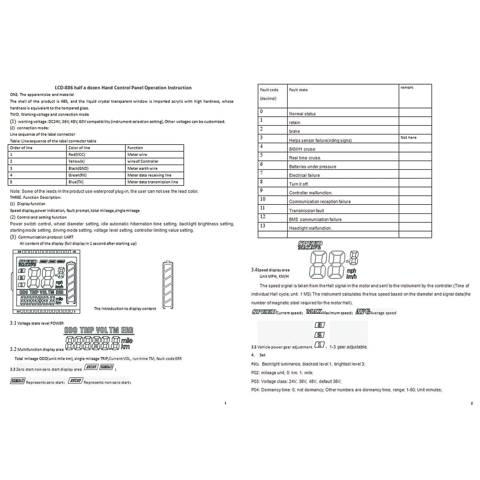 Controlador de Motor sin escobillas con Pantalla LCD, 48/60V 350W Motor 886 Panel de Pantalla LCD con empuñaduras giratorias de Repuesto