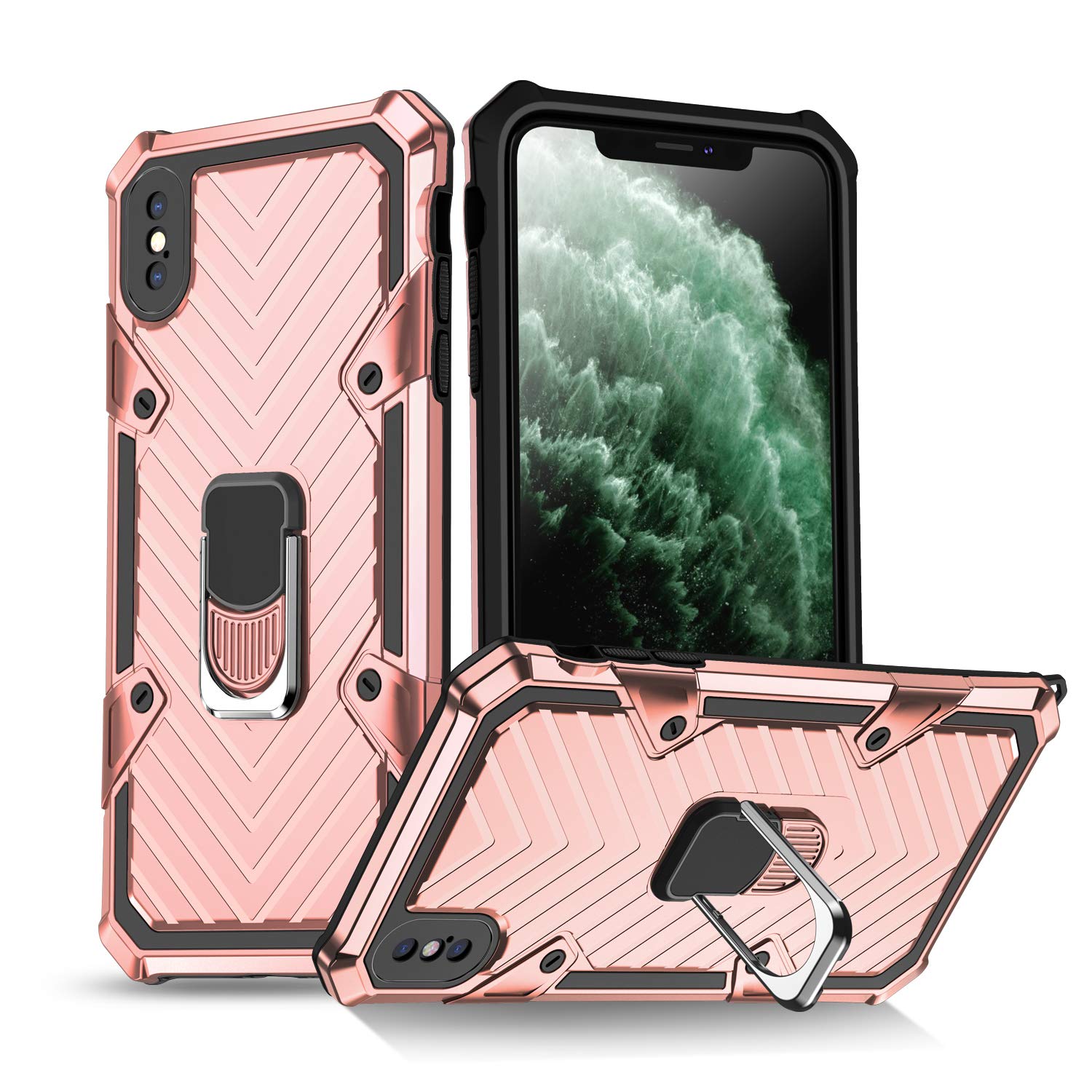 Phone Case for iPhone X/Xs Shockproof Cover with Ring Holder Armor Heavy Duty Design Durable Soft TPU Protective 360 Degrees Rotation Ring Grip,Rose Gold