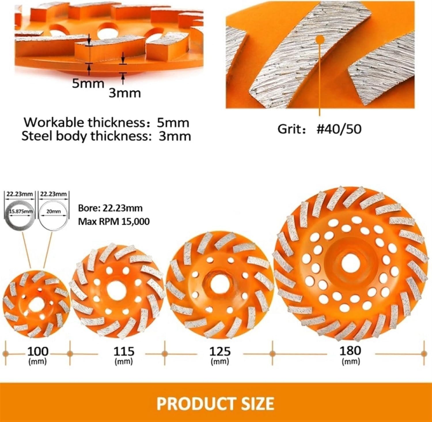 Diamentowa tarcza szlifierska, Ściernica diamentowa do betonu, marmuru, kamienia, granitu, średnica 4-7 cali, średnica 22,23 mm, 4 szt.(1pc 125mm)