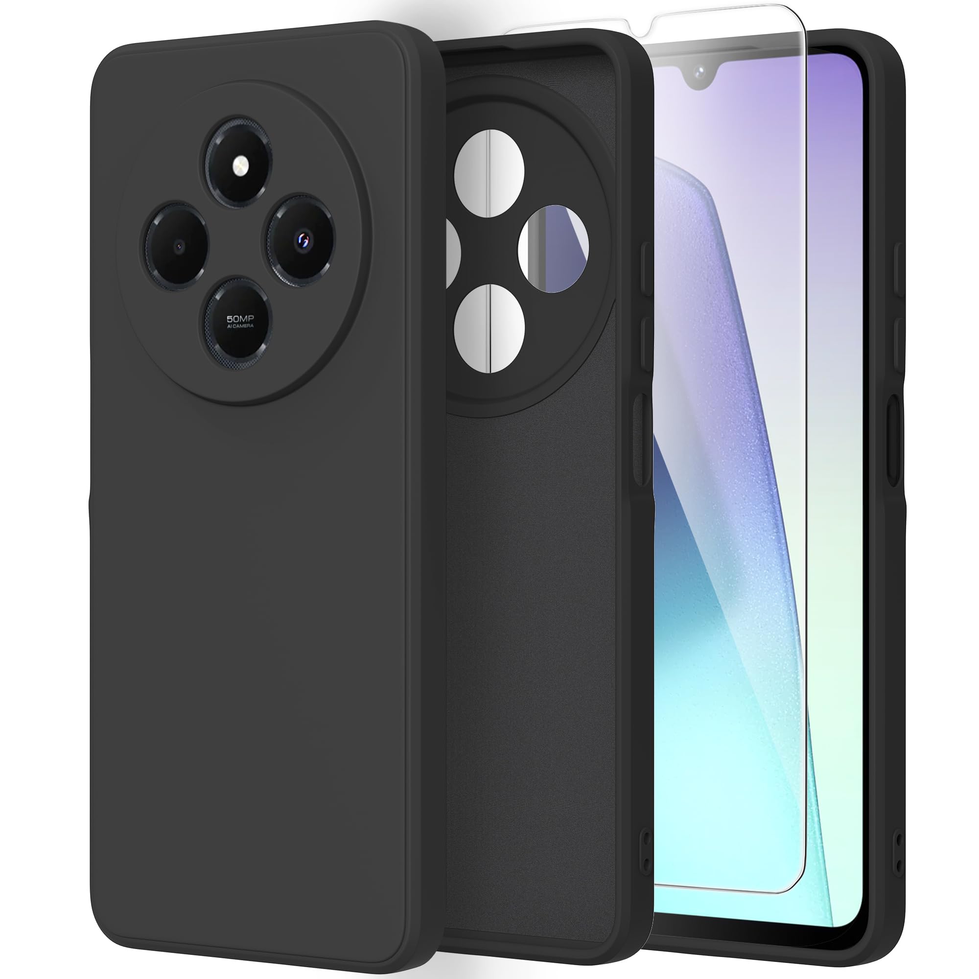 Cover per Xiaomi Redmi 14C con Protettiva in Vetro Temperato, Silicone TPU Custodia 360 Antiurtfio Gradi,Nero