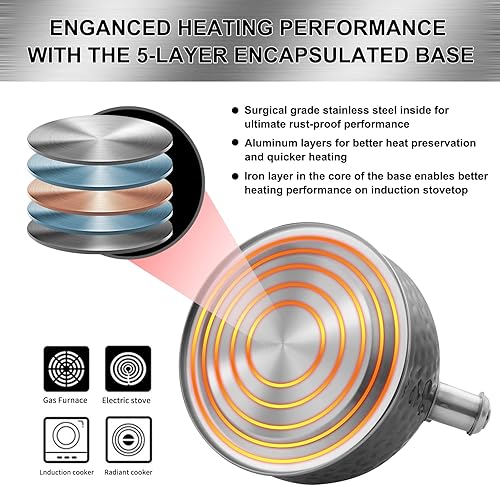 Miniatura 6 de Tetera de cobre de acero inoxidable, tetera silbante, control de botón, tetera de grado alimenticio, 3.2 cuartos de galón, 3 litros, color negro