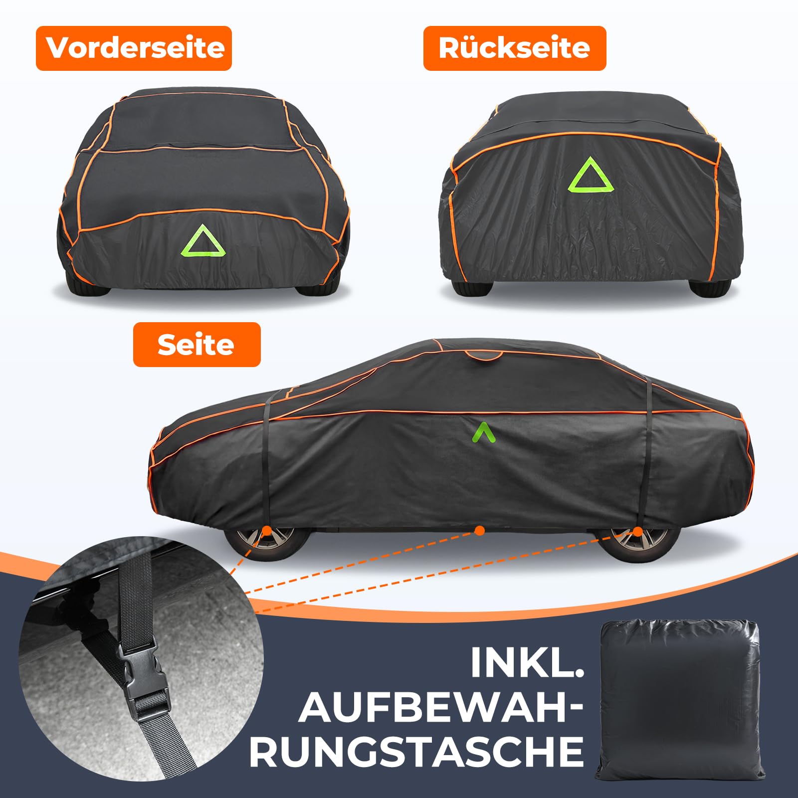Hagelschutzplane Auto, Wasserdichter Verdickter Hagelschutz Auto Autoabdeckung Hagelschutz PKW Hagelschutzgarage für Limousine Schwarz (PKW: 450 - max.475cm Länge)