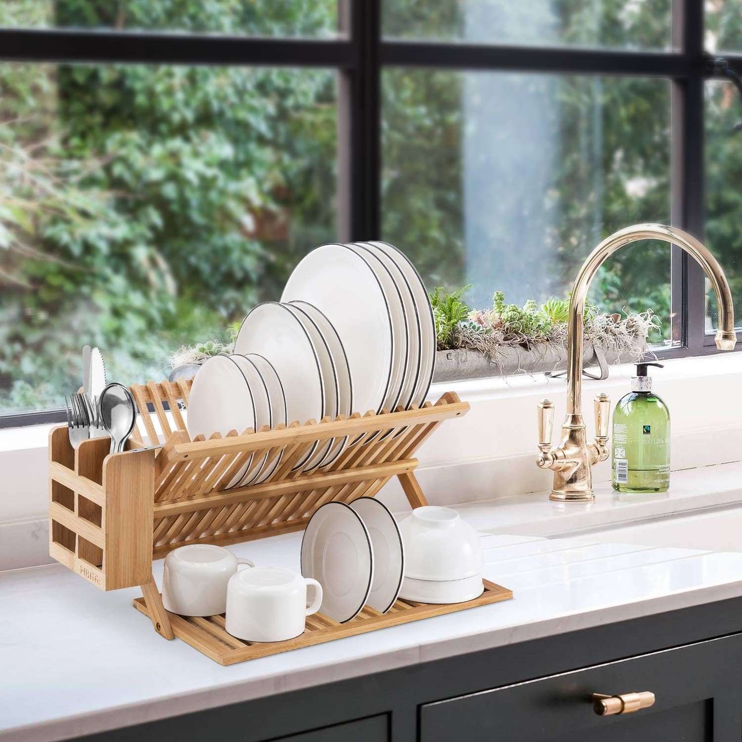 HBlife Bamboo Dish Drying Rack with Utensils Flatware Holder Set Large Folding Drying Holder for Kitchen, Collapsible Drainer, Cups and Utensils Holder