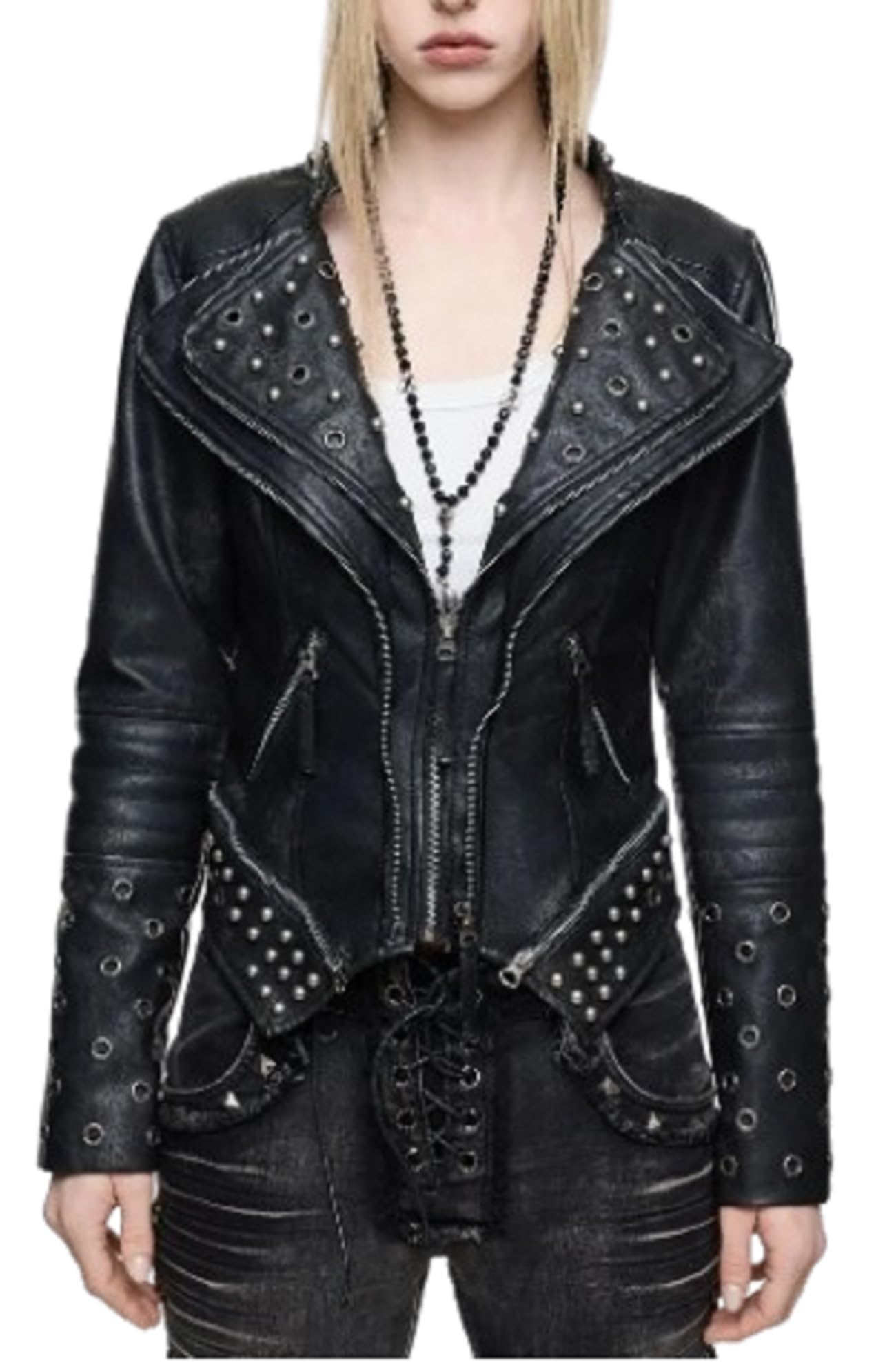 Giacca da motociclista in pelle nera borchiata da donna, slim fit, stile punk rock, stile moto