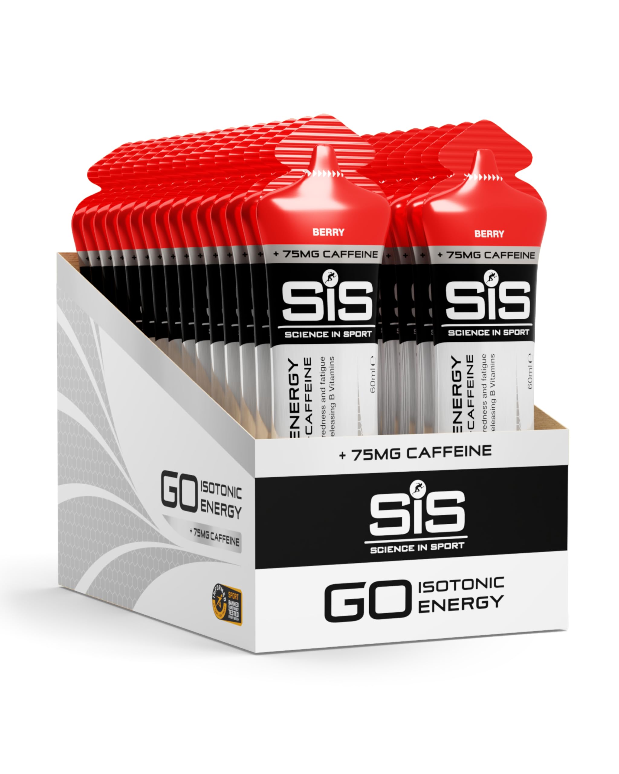 Science in Sport GO Energy Gel + Caféine Gel 30 x 60ml Fruits rouges, Vegan - Gel avec 75mg de caféine & 22g de glucides, énergie pour sportifs d’endurance