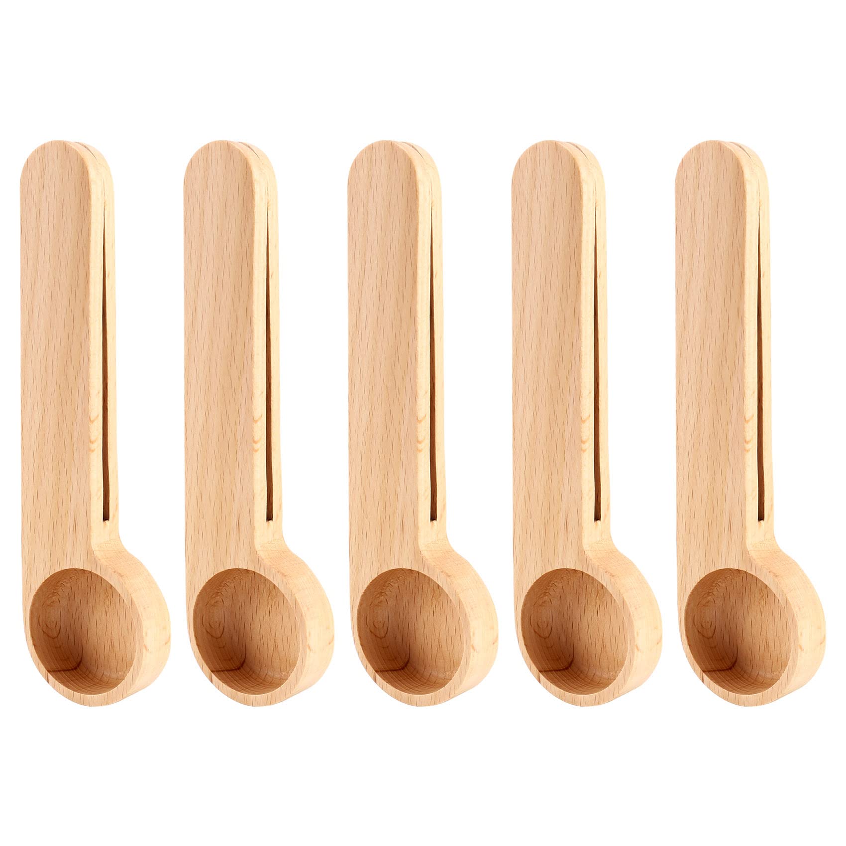 Plomevry Wood Color 5 Pcs Wooden Coffee Scoop And Bag Clip Measure Spoon 2-In-1 Bags Sealer Measuring Spoon For Beans,Espresso Coffee,Tea
