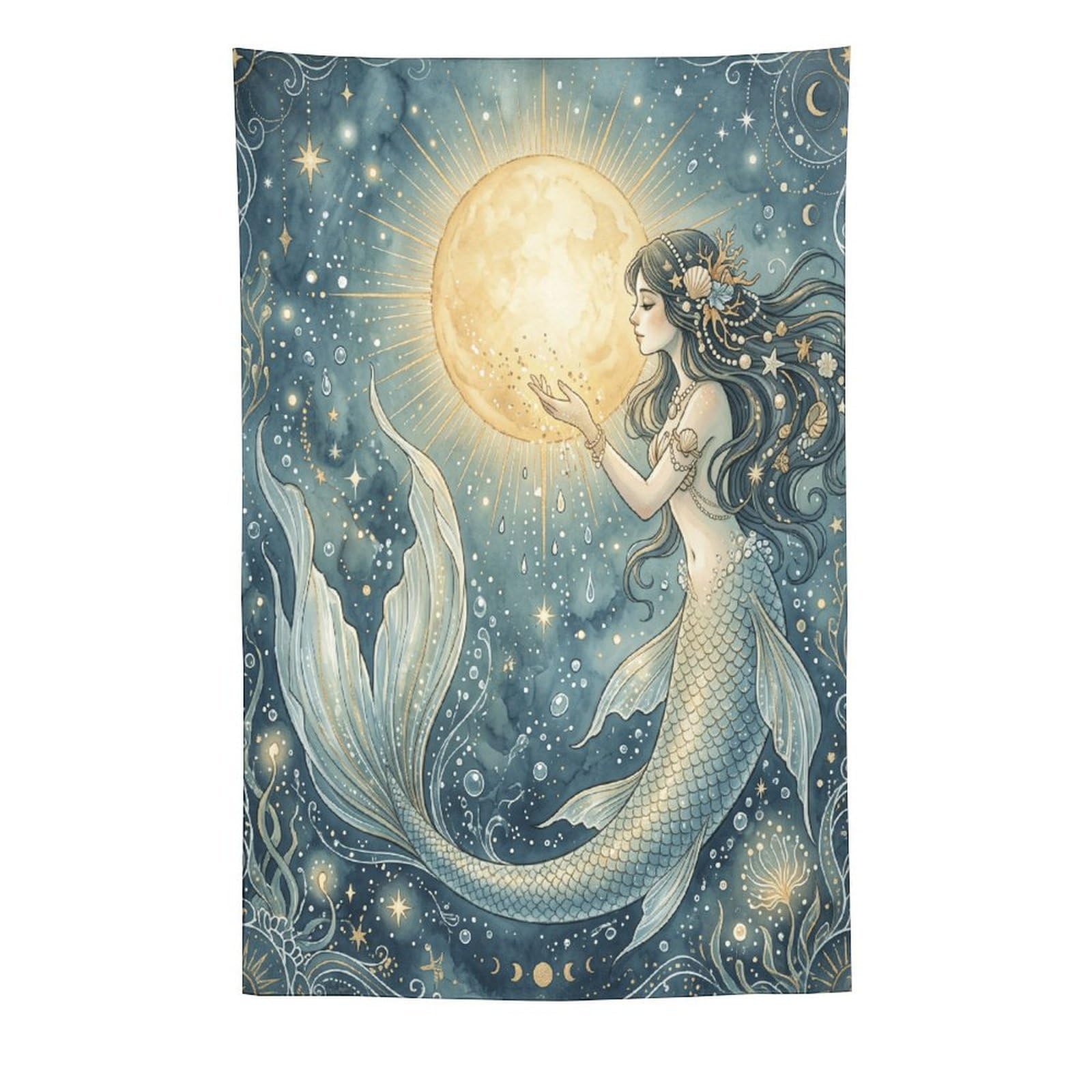 H3B8U2Y5 Moon Mermaid Celestial Wall Tapestry, Surrealist Style, Starry Sea