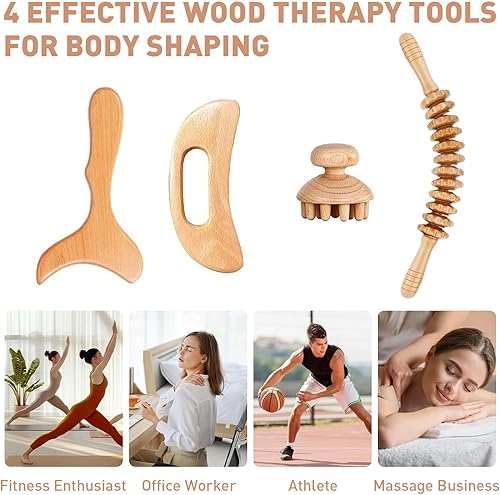 Miniatura 6 de Herramientas de masaje de terapia de madera 4 en 1, herramientas de masaje de terapia de madera para esculpir el cuerpo, kit de maderoterapia de
