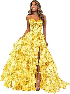 Tiered Ruffles Floral Prom Dresses with Slit Long Formal Evening Party Ball Gown Strapless Quinceanera Dress - Buy now