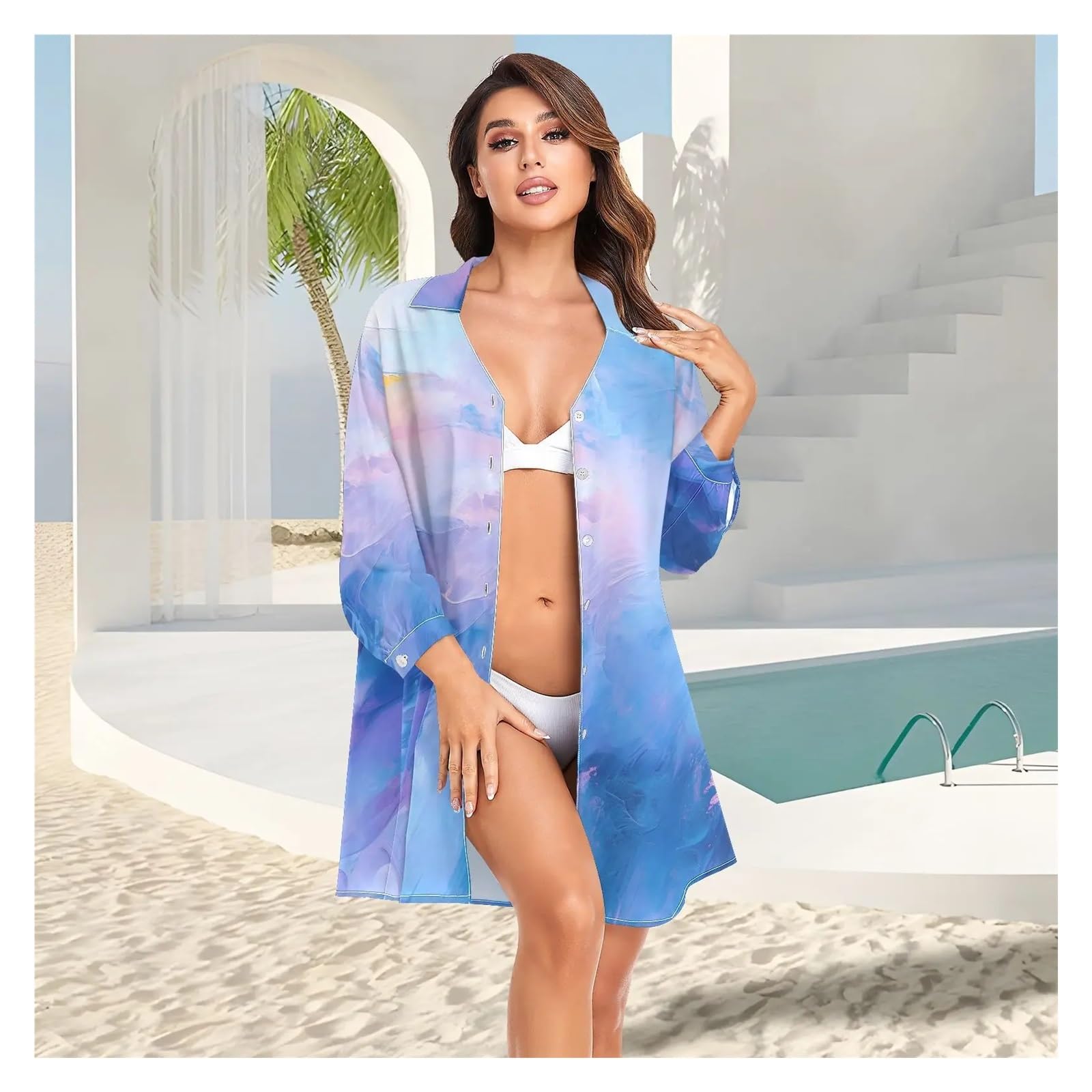 Bikini Cover Ups Bikini Cache Femmes Chemises de Plage imprimé marbre Maillot de Bain Cape été à Manches Longues Tunique Maillots de Bain Tenues(01,M)
