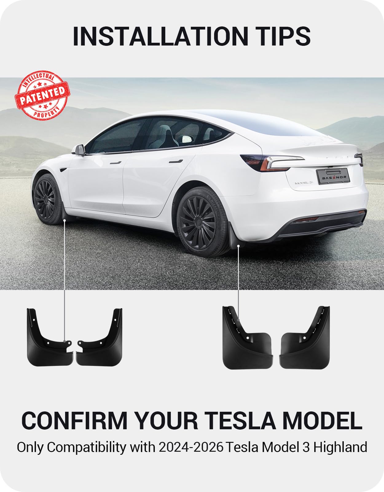 BASENOR 2024-2026 Tesla Model 3 Guardabarros Protección contra Sedimentos de Invierno Protector de Salpicaduras Delantero y Trasero Protector de Coche Modelo 3 Highland Accesorios (Juego de 4)