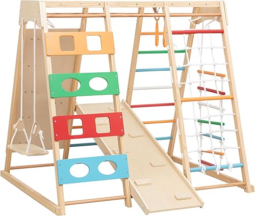 Juego de gimnasio y parque infantil 9 en 1, juguete de escalada de madera con tobogán, columpio, red de escalada, anillos Juego para niños