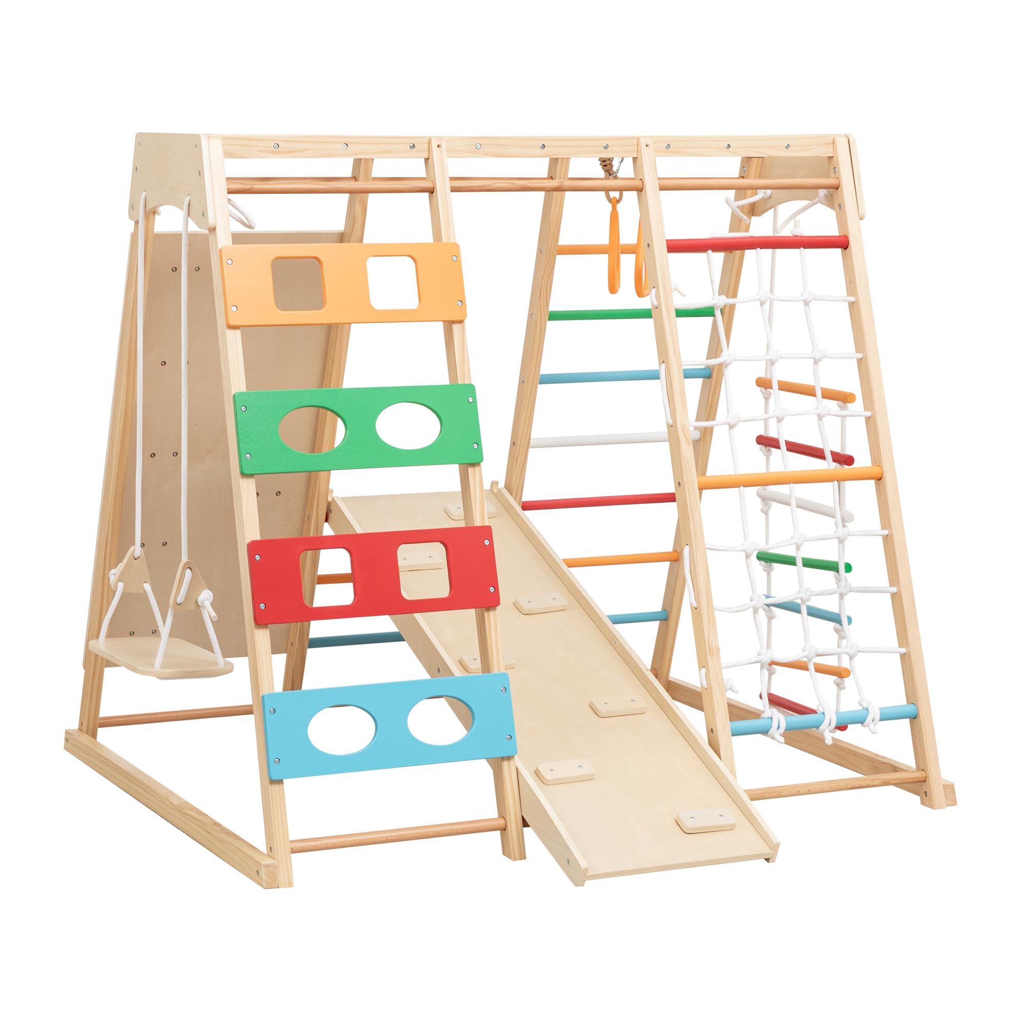9-in-1 Toddler Indoor Jungle Gym & Playground Set, Wooden Climbing Toy with Slide, Swing, Climbing Net, Rings – Montessori-Inspired Kids Playset for Indoor Fun & Development, Ages 3-8