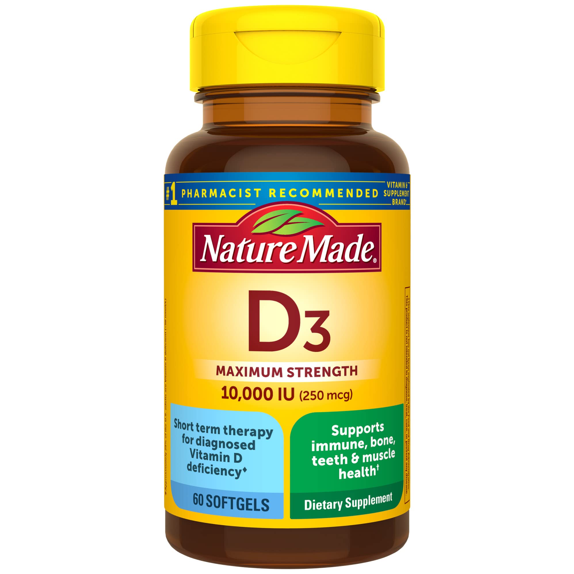 Nature Made Maximum Strength Vitamin D3 10000 IU (250 mcg), Dietary Supplement for Immune Health Support, 60 Softgels, 60 ...