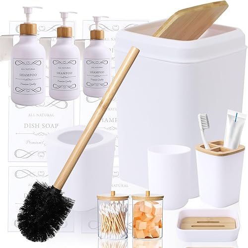 XLHOMO Juego de accesorios de baño blanco y madera Juego de 19 piezas de baño con basura, 3 piezas sin taladros, dispensador de jabón de 17 onzas