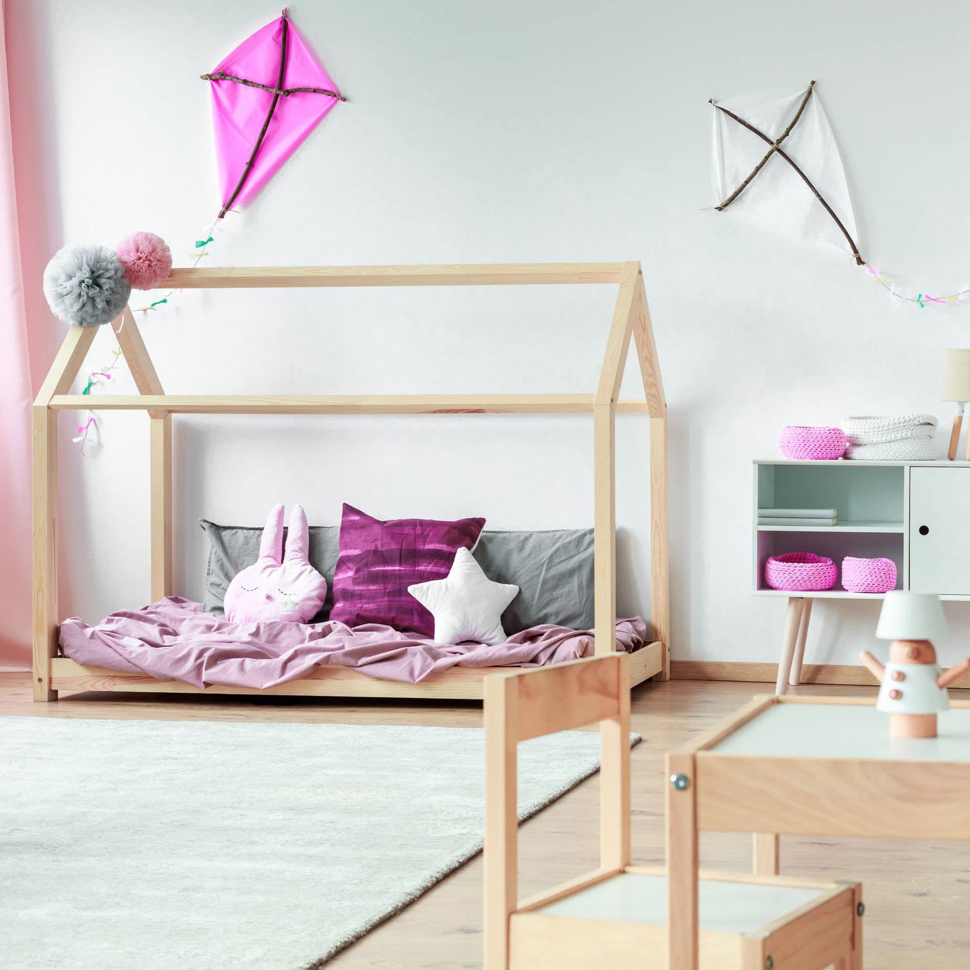 Rebecca Mobili Letto Montessori Bambini, Lettino Cameretta Bambini, Forma Casetta, Legno Di Pino, Design Nordico, Rete Con Doghe 90 x 200 cm - Art. RE6763