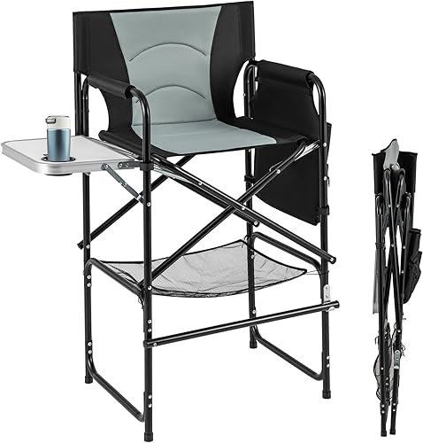 COSTWAY Silla de directores de 46 pulgadas de alto, silla plegable para artista de maquillaje con mesa auxiliar plegable y reposapiés, soporte para