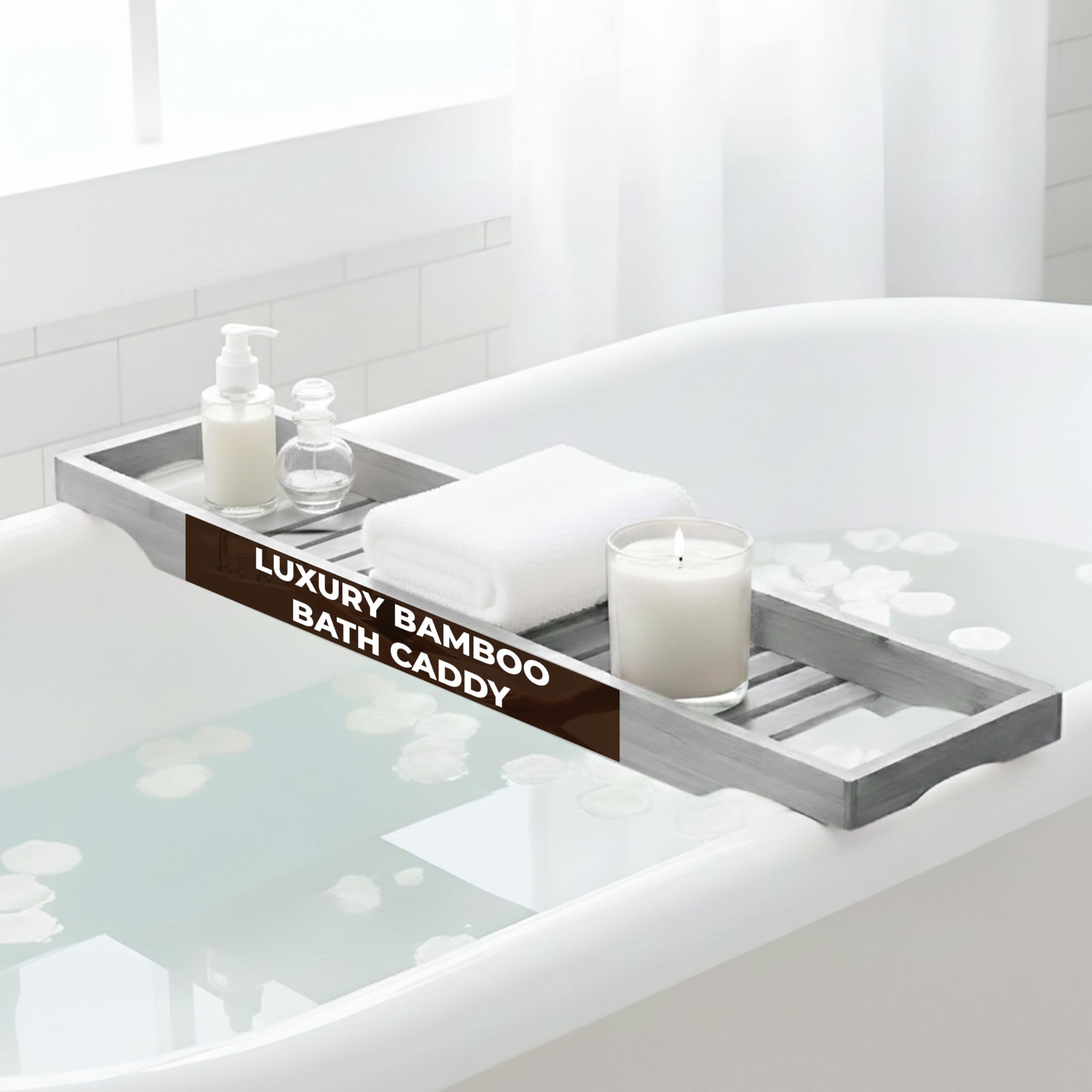 LKH Wooden Bath Tray Caddy - Natural Bamboo Bath Tray for Across the Bath - Strong Water-Resistant & Durable Bathtub Tray for Bathroom Accessories, Candles, Phone, Glass, & Book