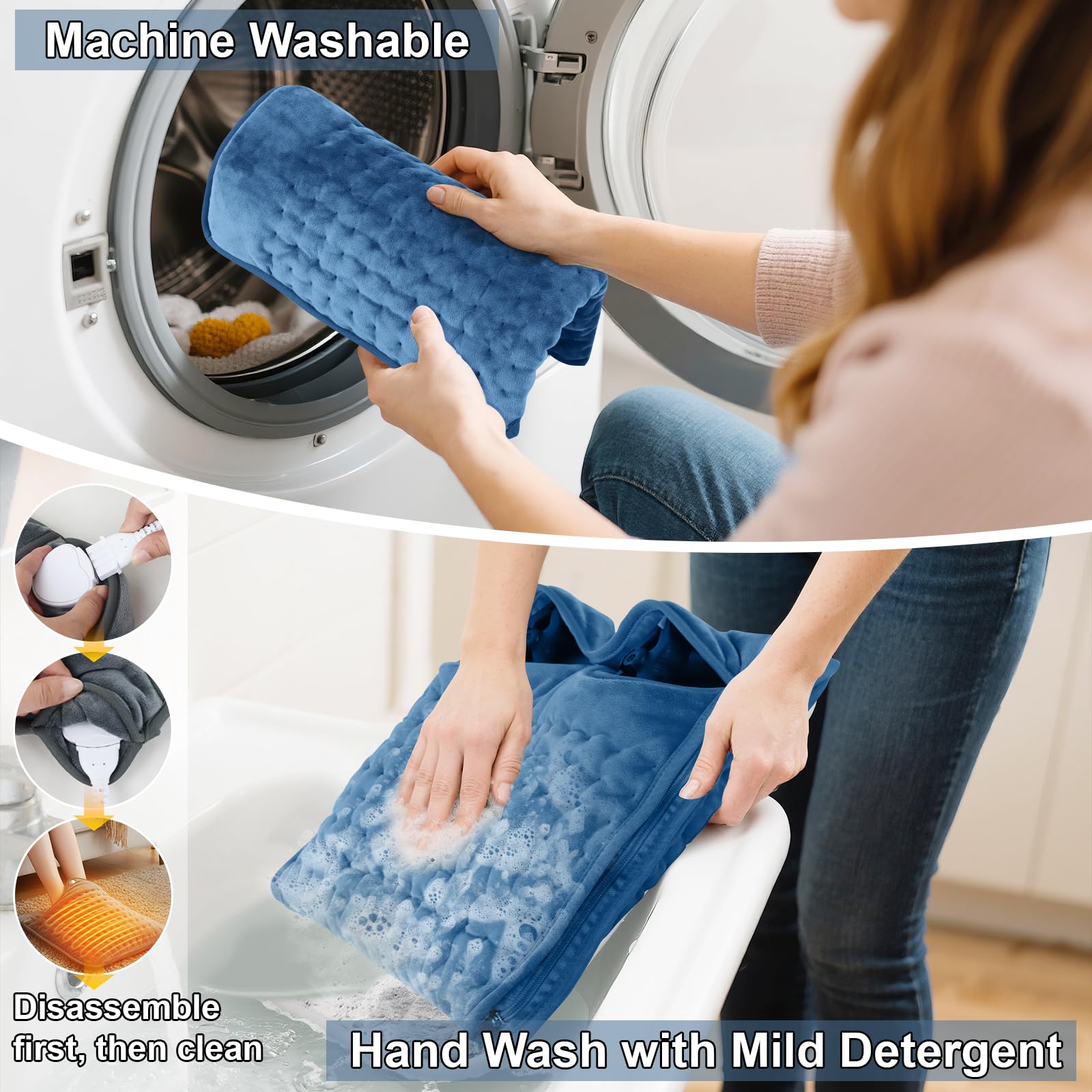 Scaldapiedi elettrico per donne, uomini e anziani, riscaldamento rapido per piedi con 6 impostazioni di calore e timer, cuscinetto riscaldante extra large lavabile,Cerniera blu navy 40x80 cm