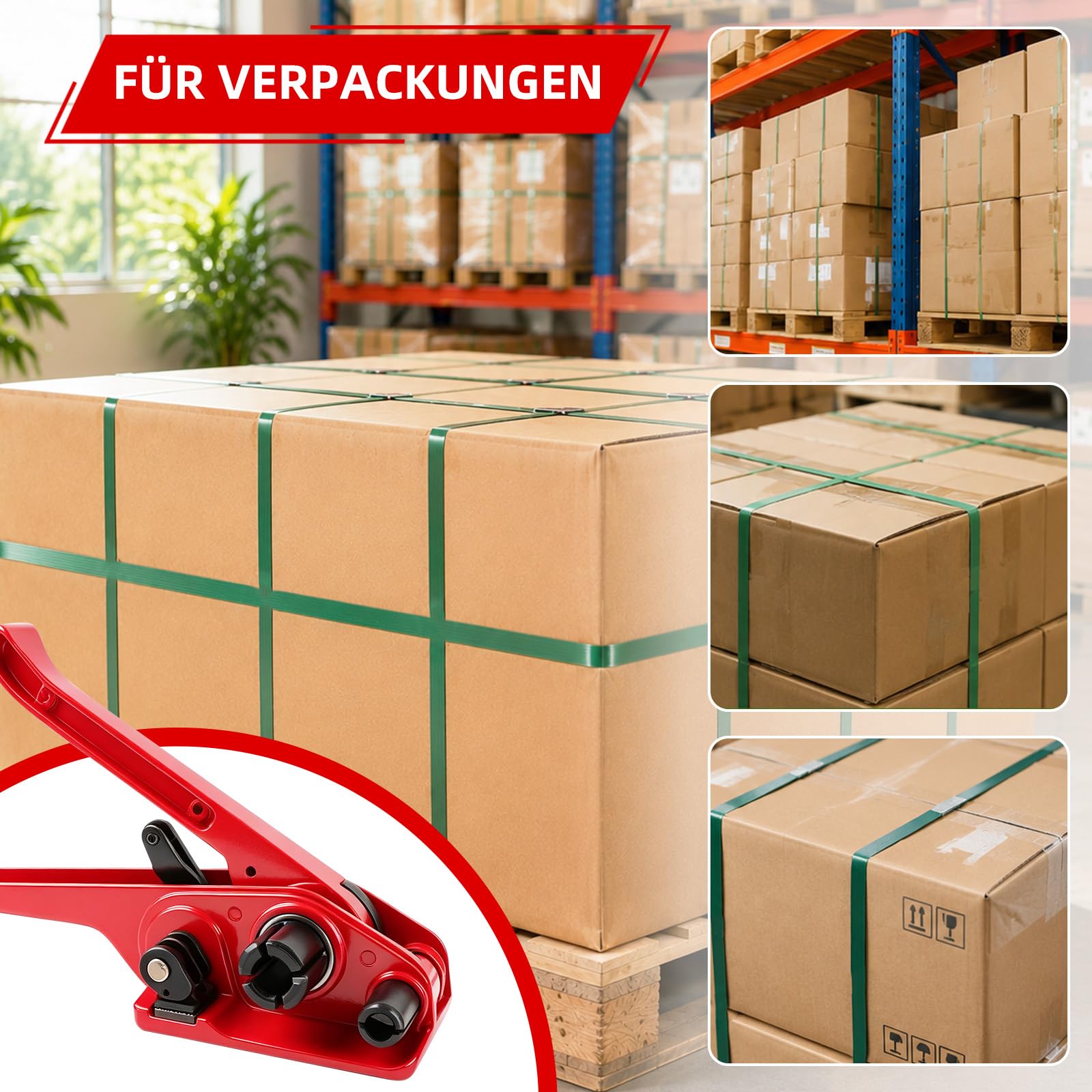 Manuelle Umreifungsset, Umreifungsgerät mit 100m PET-Umreifungsband, 100 Stück Clips, 20 Eckschutz, Handschuhe, Spanner, für 12-19mm PP/PET-Kunststoffverpackungen