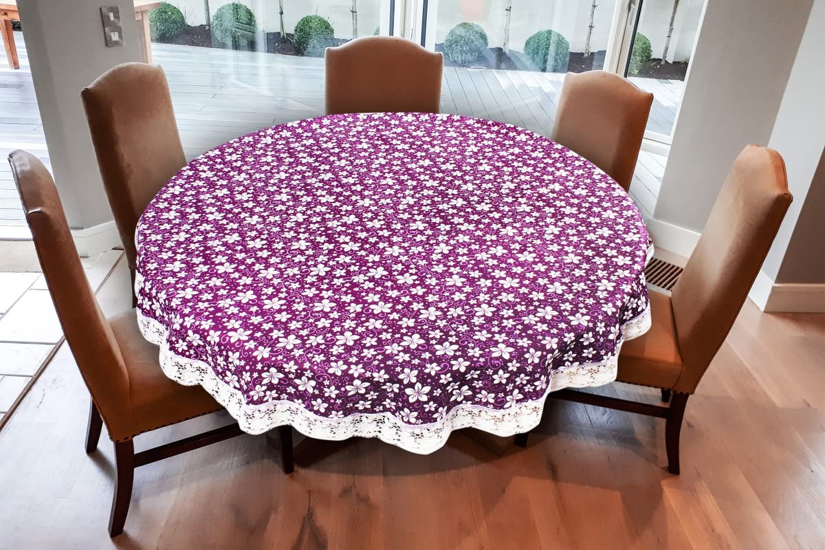 Stylista Waterproof 4 Seater Round Table Cover 60 Inches Diameter Floral Pattern Purple(Polyvinyl Chloride (PVC), Pack of 1)