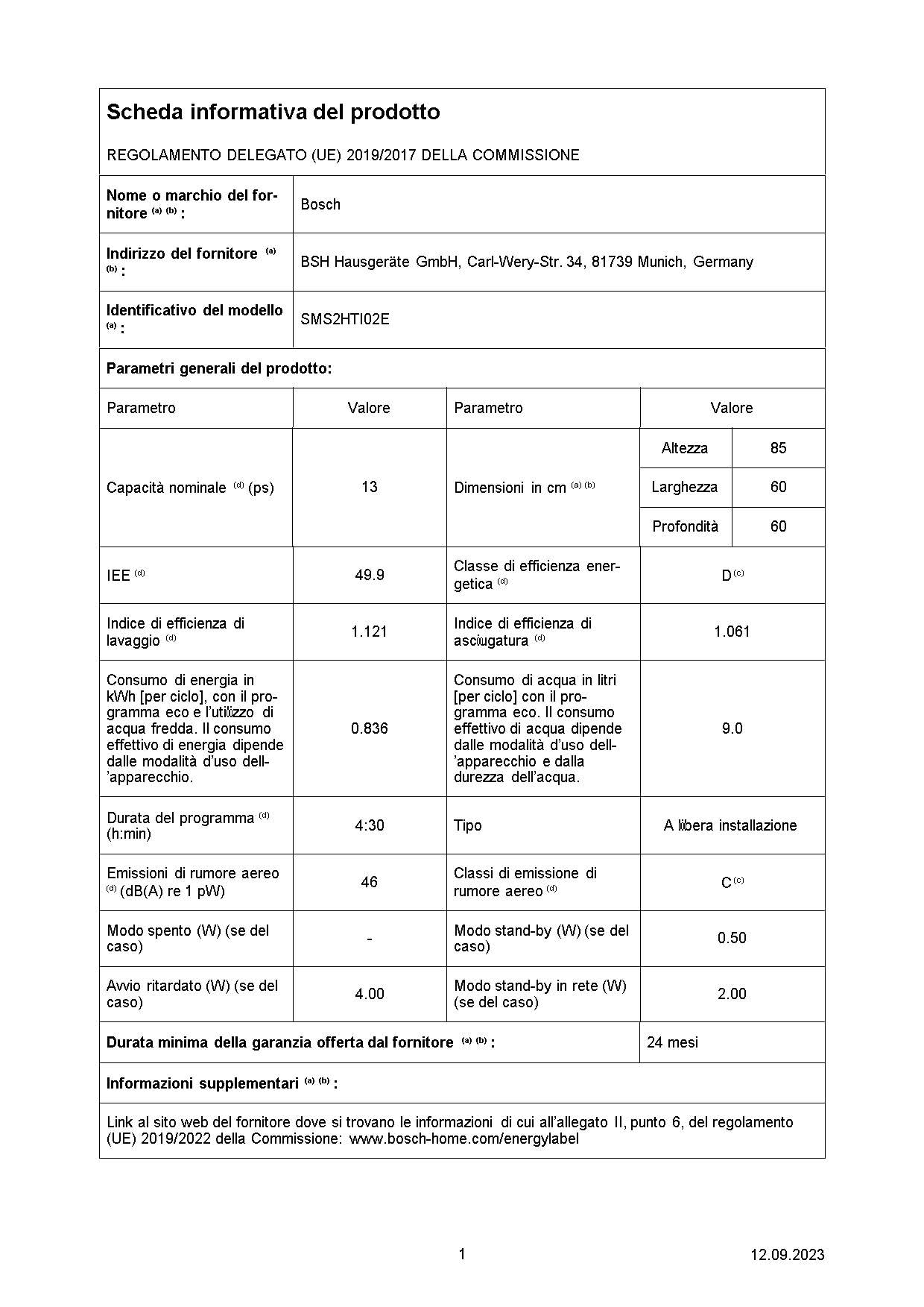 Bosch SMS2HTI02E Série 2, Lave-vaisselle de libre installation, Home Connect, Diagnostic à distance, Assistant au lavage, Programme préféré, EcoDosage, Acier, 60 cm