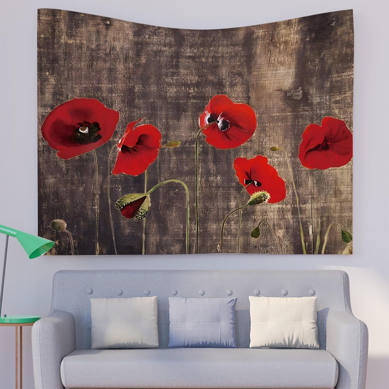 PUOJIEAT 3D Czerwony Mak, Gobelin Vintage, Drewniane Gobeliny Wiszące Na Ścianie, Duży Gobelin Sztuka Wisząca Do Sypialni Salonu Wystrój Domu 300x250 cm 944-GT