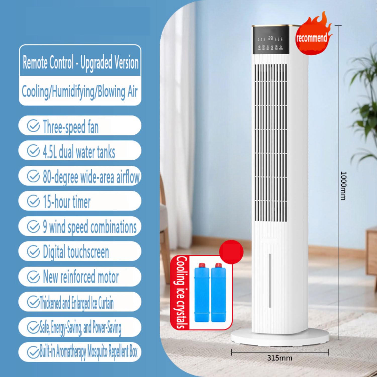 Tower - Ventola di raffreddamento per camera da letto, condizionatore d'aria evaporativo, oscillante a 80°, portatile, design rimovibile e lavabile, 3 velocità, funzionamento silenzioso 28 dB, bianco