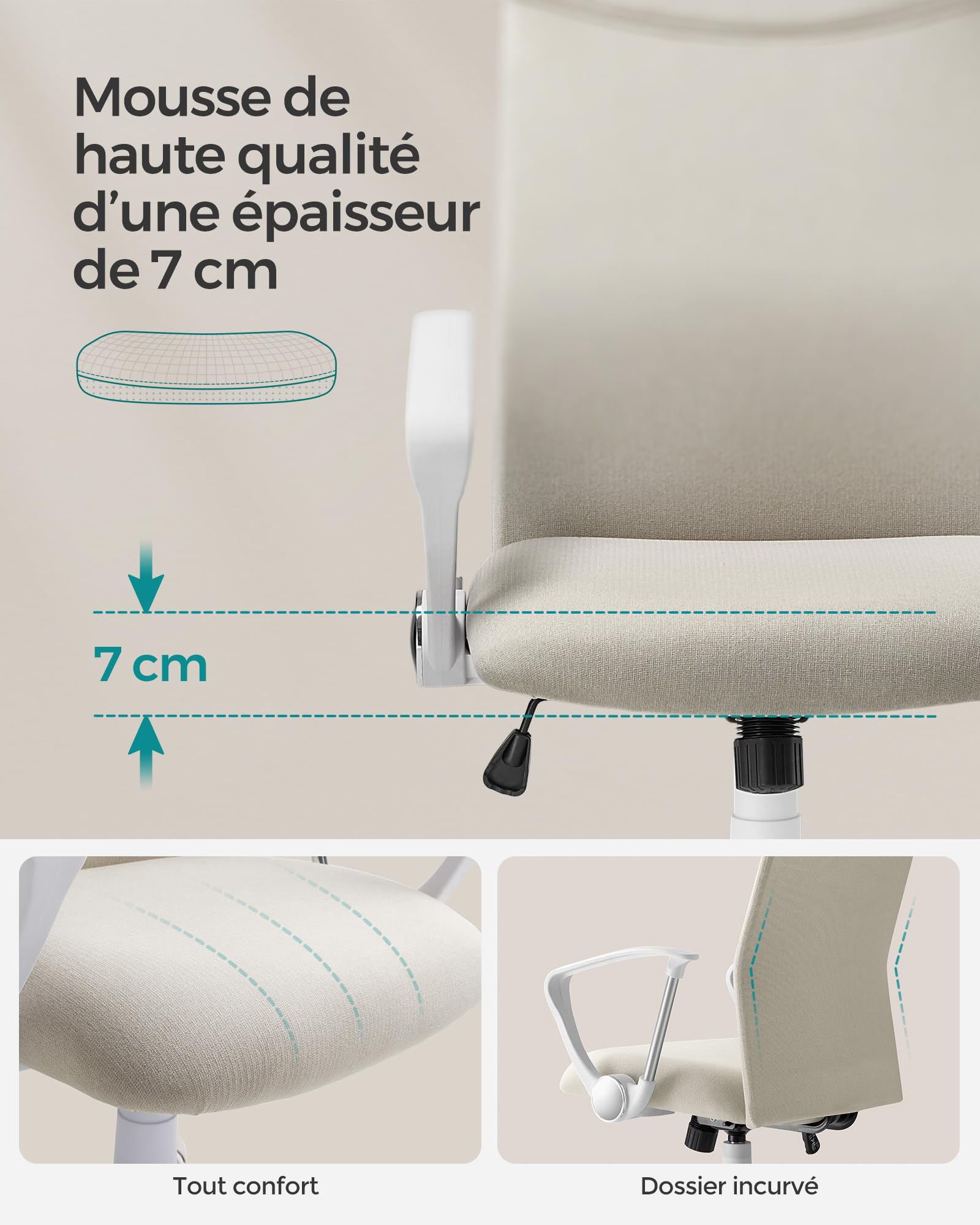 SONGMICS Fauteuil de Bureau, Chaise Ergonomique, Siège Pivotant, Assise Rembourrée, Réglable en Hauteur et Inclinable, Capacité de Charge 120 kg, Beige Cappuccino OBN034K01