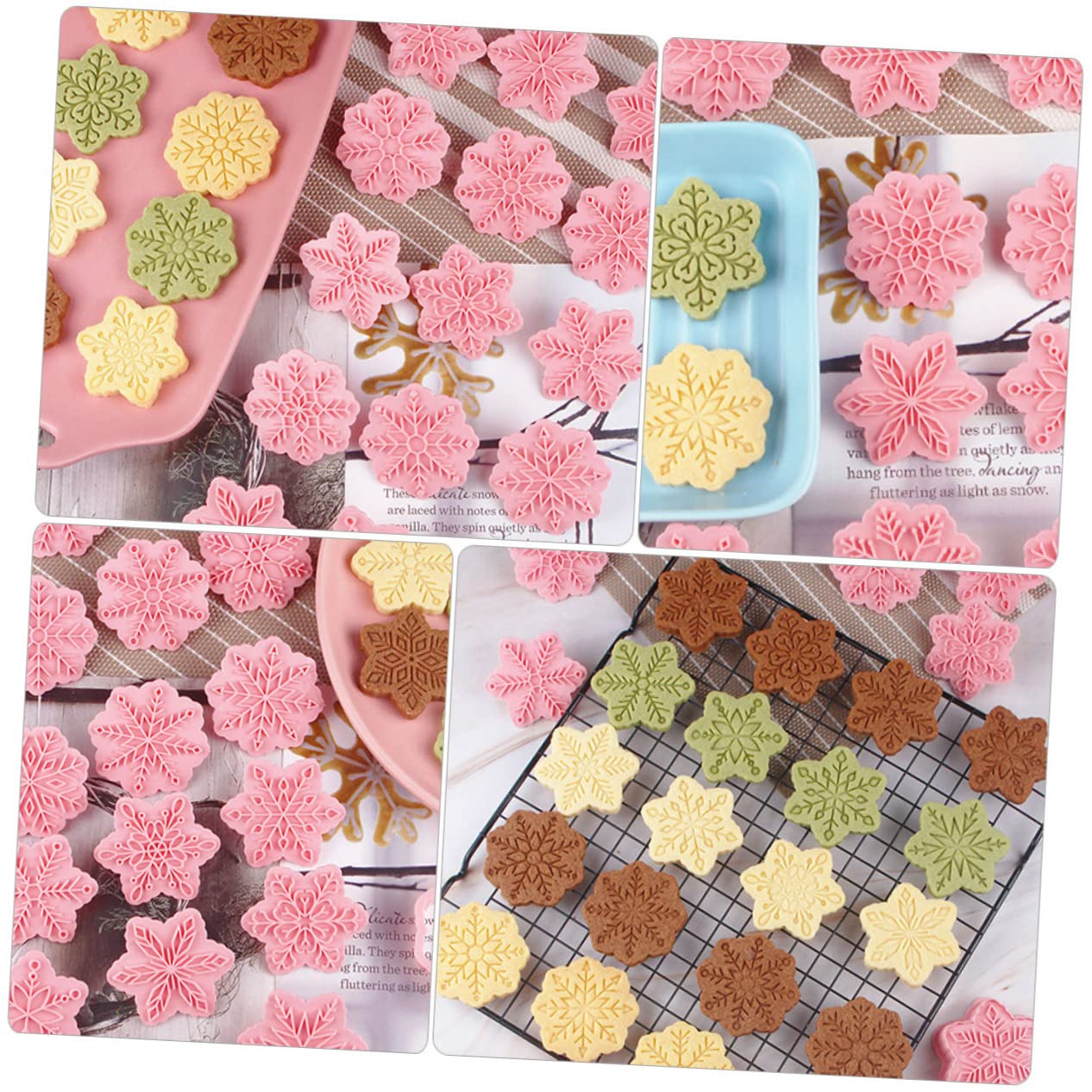 MAGICLULU 5 Sätze Schneeflocken-schablone Gebäckform Zum Aufdrücken 3d-cookie Kekspresse Kekse Weihnachtsbacken Weihnachts Backform Keksform Aus Kunststoff Backzubehör Pp Rosa 18 Stück * 5