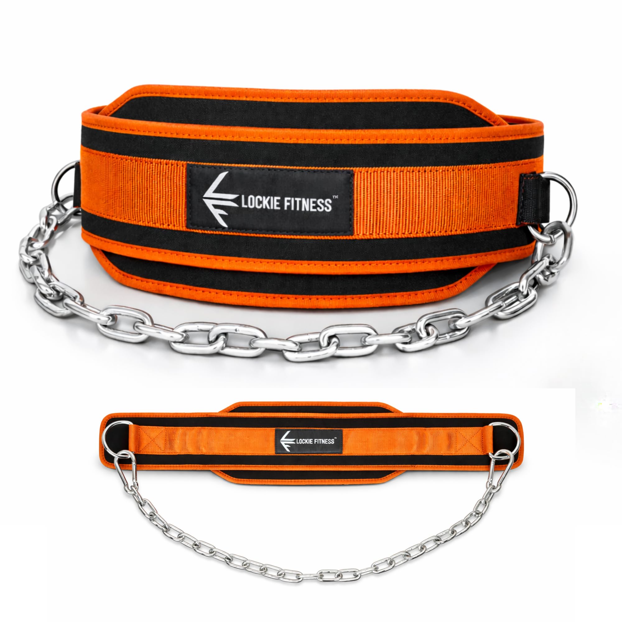 Lockie Fitness Dip Belt for Weighted Dips, Pull Ups, Chin Ups & Squats, Heavy Duty Gym Belt with 36 Inch Steel Chain, 8 mm Neoprene Padding Back Support, Strength Training Equipment, Unisex (Orange)