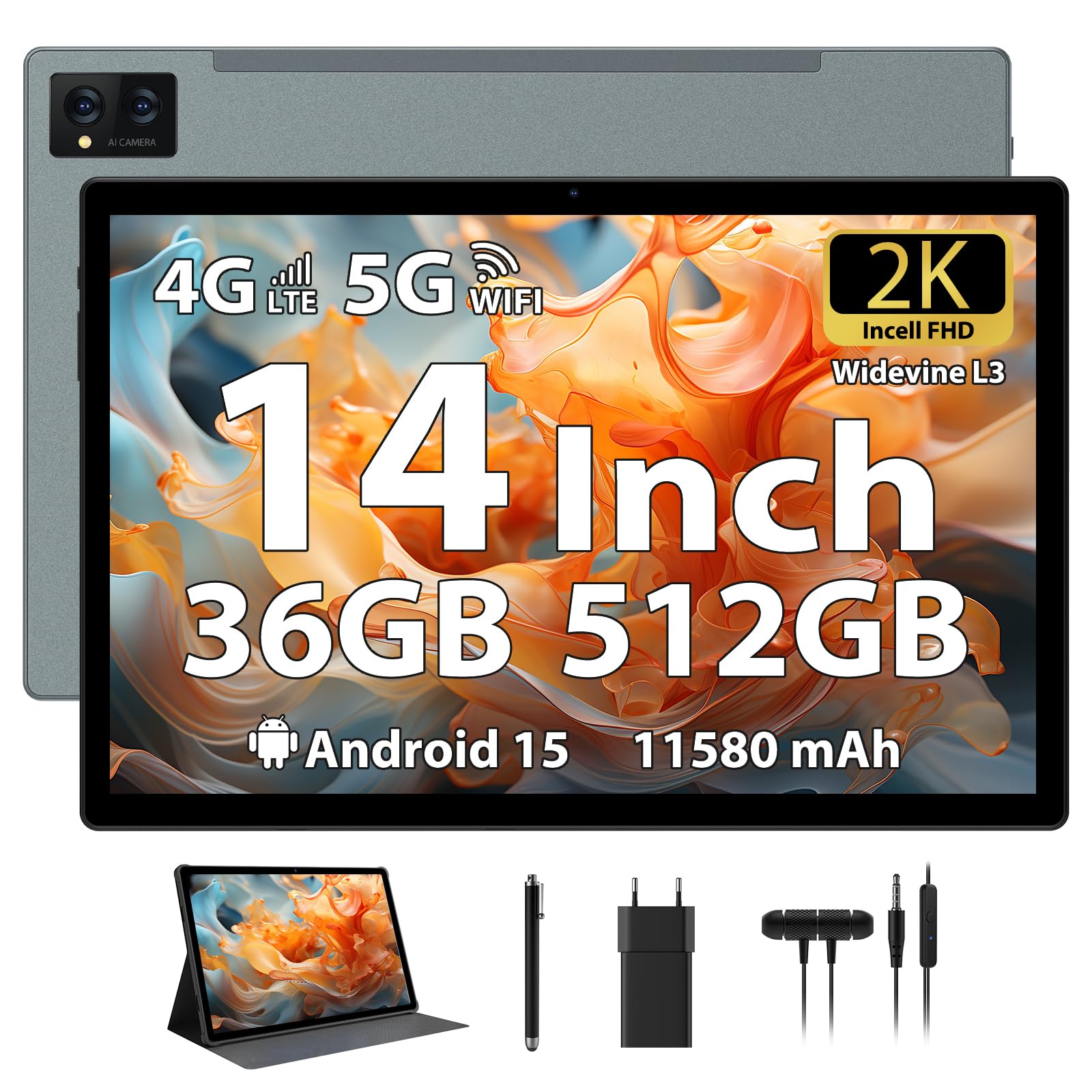 Tablet 14 Pulgadas Android 15 Tableta 2K FHD 36GB+512GB/TF 2TB, Octa-Core, 11580mAh, Dual SIM 4G LTE+5GWiFi, 4 Altavoces/GPS/13MP Cámara/BT5.0 Funda/Pen, Gris