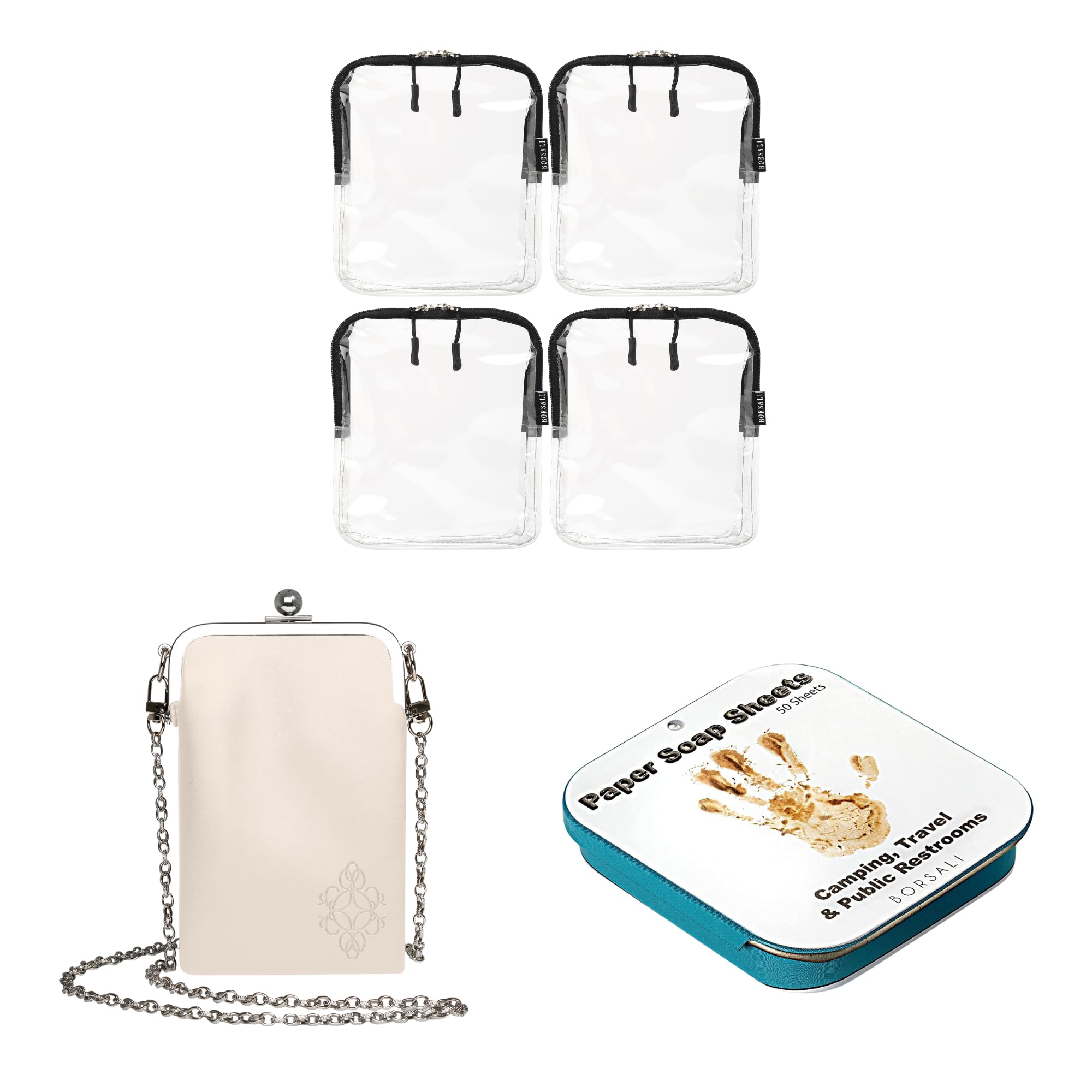 BORSALI 4-pack Black TSA Quart Size Bag Approved for Carry On Travel with Cream Small Crossbody Bag for Women and Paper Soap Sheets 1 Case with 50 Sheets To Go