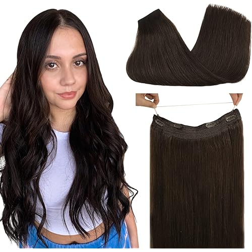 GOO GOO Human Hair Extensions, 14 Inch 80g Wire Hair Extensions New Dark Brown Human Hair Natural Straight Hairpieces Real Human Hair Extensions Invisible Wire Fish Line Extensions for Women
