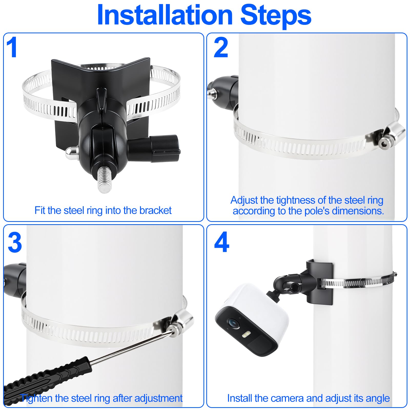 Support pour Eufycam 2 2C 2C Pro 3 3C 1 E Arlo Ultra 2 Pro 2 3 4 Reolink Aosu et autres avec Trou de Vis 1/4" Réglable Support avec 4 Boucles pour Caméra Eufy Montage sur Poteau Extérieur Noir
