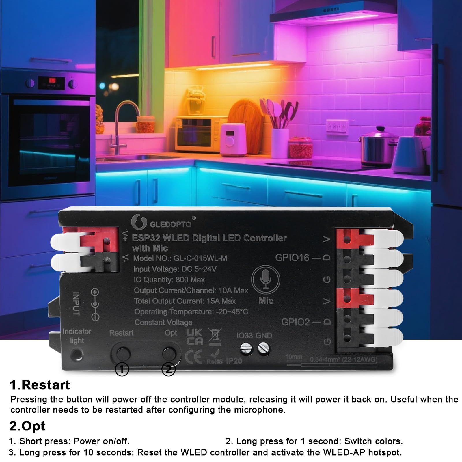 2 Stück WLED Controller mit Mikrofon, ESP32 DC 5V-24V Digital LED Strip Controller für Adressierbarer LED Streifen Digital RGB IC WS2811 WS2812B SK6812 WS2815 RGBW Addressierbarer FCOB LED-Strip