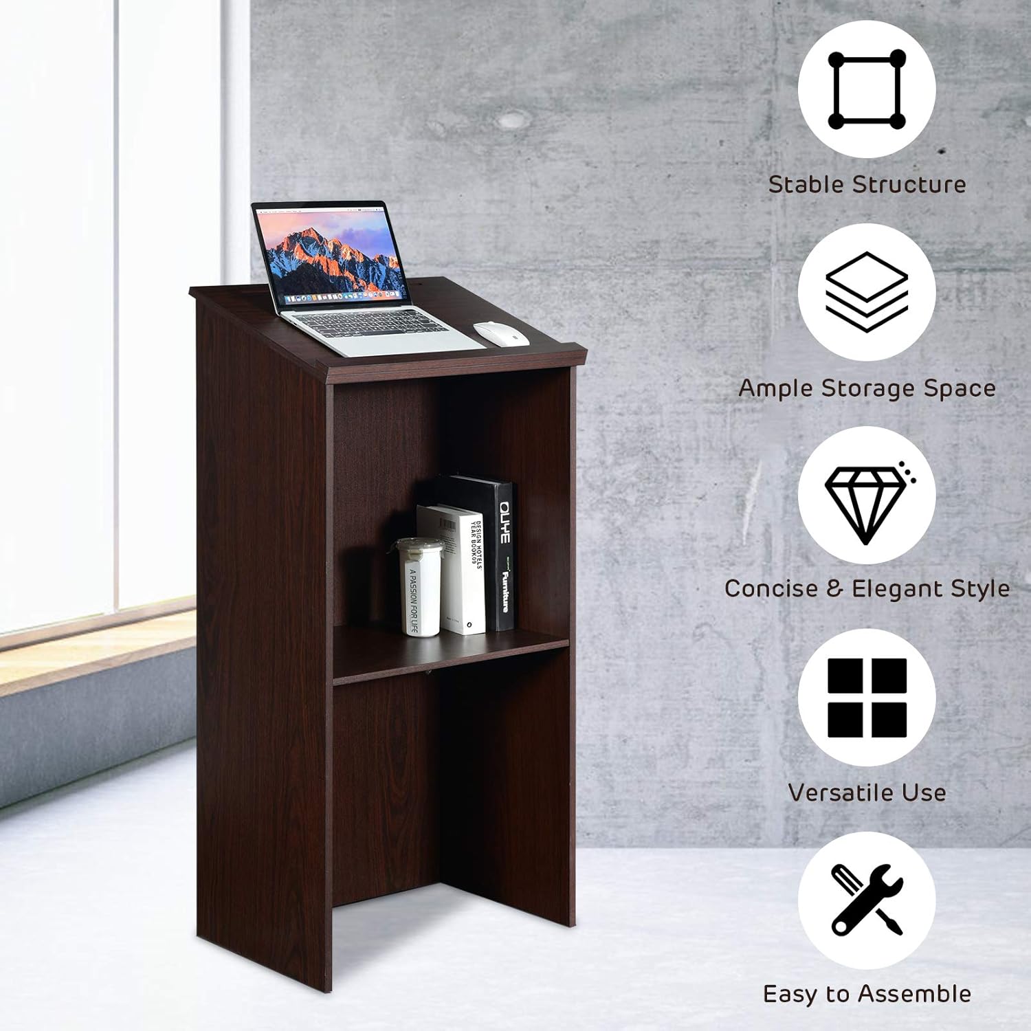 Tangkula Floor Standing Podium, Wooden Speaking Lectern with Adjustable Shelf, Large Storage Area and Pen/Pencil Tray, Ideal for Conference, Auditorium, Classroom (Brown) : Office Products