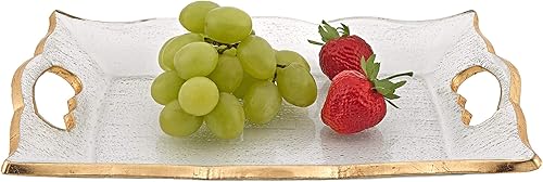 Badash Goldedge Bandeja de vidrio para servir, 7 x 11 pulgadas, bandeja decorada a mano con hojas doradas con asas recortadas, apta para alimentos,