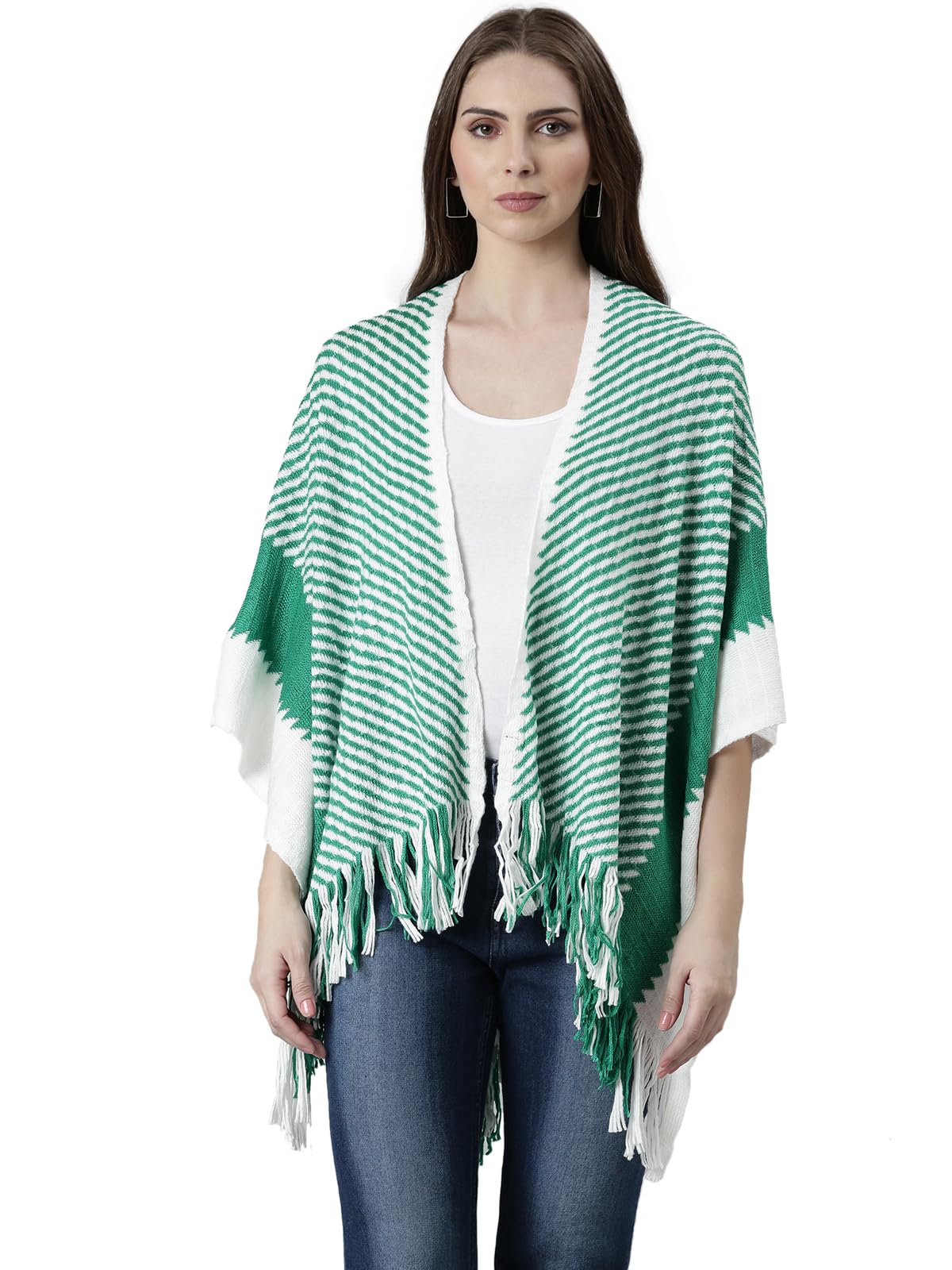 showoffff Women's Green Striped Three-Quarter Sleeves Shawl Collar Poncho-CHN-9902_Green-picture-38