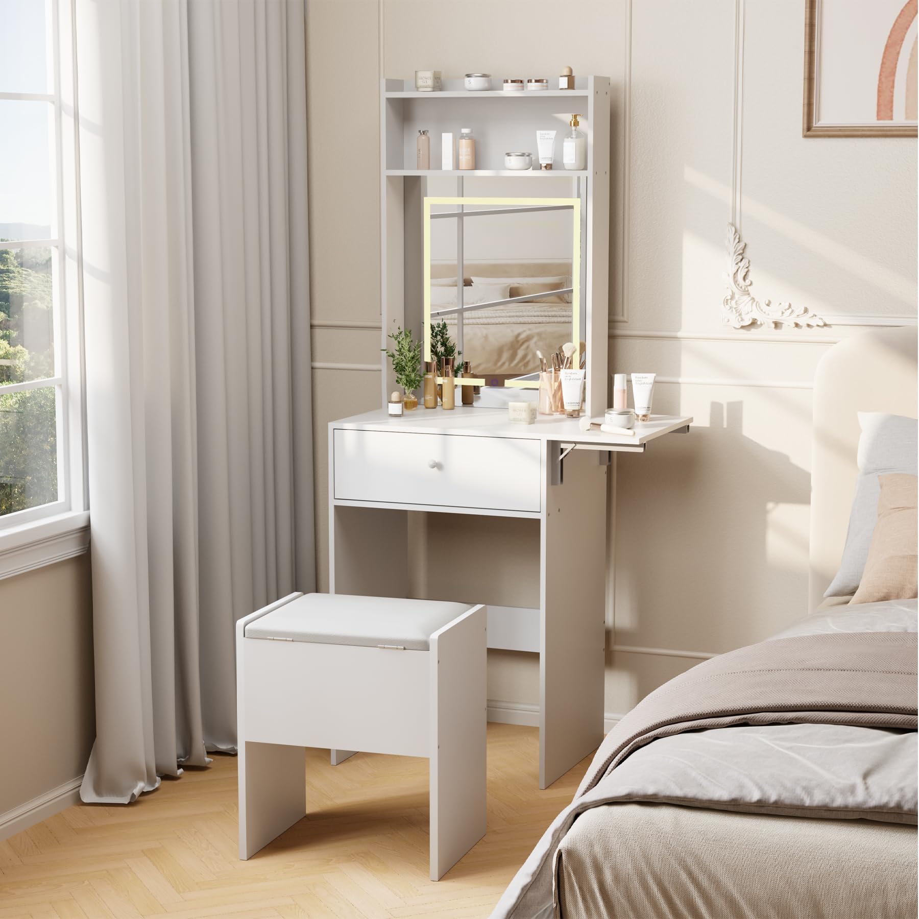 Tocador De Maquillaje Con Luz, Taburete De Almacenamiento, Espejo Y Luces LED Táctiles (3 Colores/3 Modos), Panel Abatible Para Ampliar Encimera, Cajón Grande Y Estantes Abiertos, 50 x 40 x 150,Blanco
