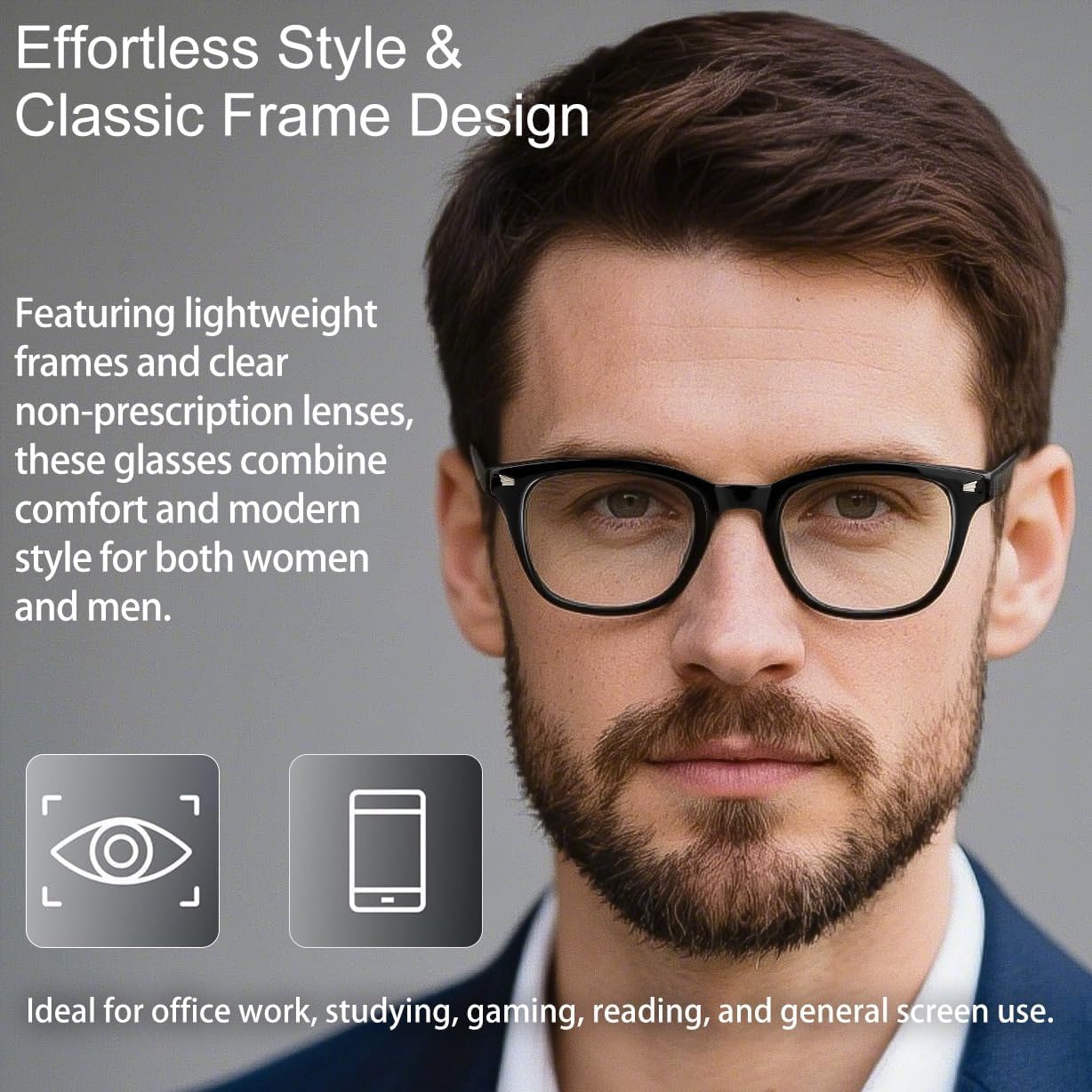 Blue Light Glasses for Men and Women, 2 Pack Non-Prescription Computer Glasses for Screen Use, Lightweight Fashion Eyeglasses for Office, Reading and Gaming, Black & Clear