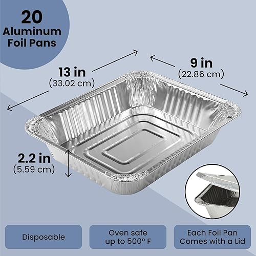 Miniatura 3 de Bandejas de aluminio con tapa 9x13 (paquete de 20) Bandejas desechables de tamaño medio para mesa de vapor, comida, parrillas, hornear, barbacoa