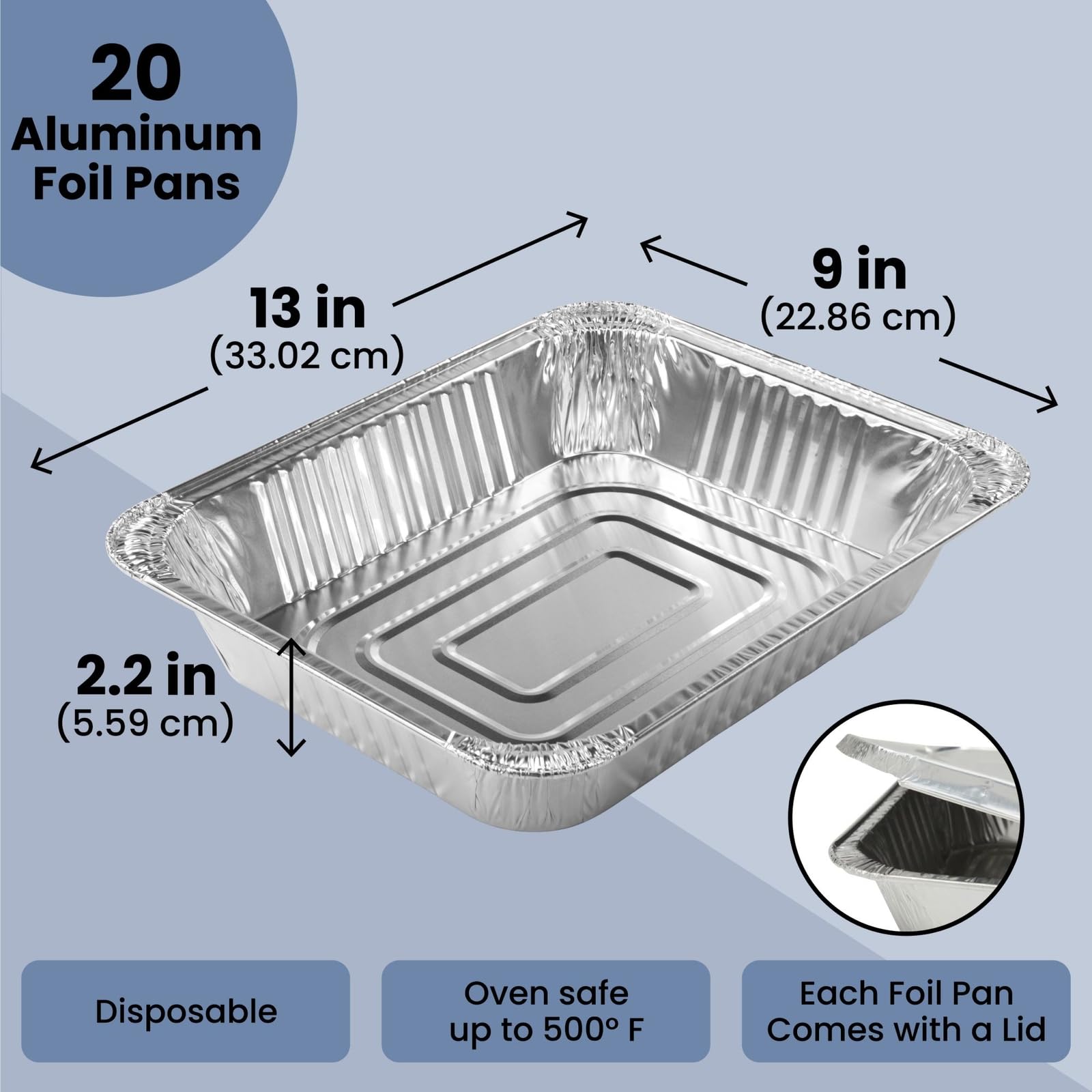 Juvale Paquete de 20 bandejas de papel de aluminio con tapas, sartenes desechables de medio tamaño profundo con tapas para fiestas, catering, barbacoa, hornear, asar, cocinar, 32 x 6 x 26 cm