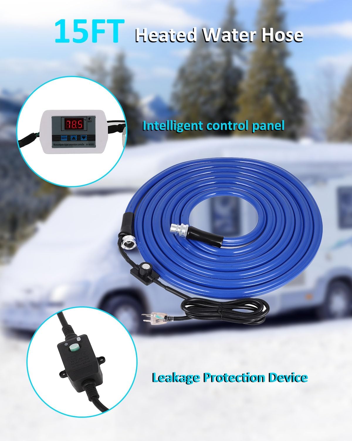 MIROZO RV Heated Water Hose for 15FT, -40 ℉ Freeze Protection Heated Drinking Water Hose Upgrade with Digital Display,Energy-Saving Thermostat,for RV,Camper,Home.Garden(Blue)